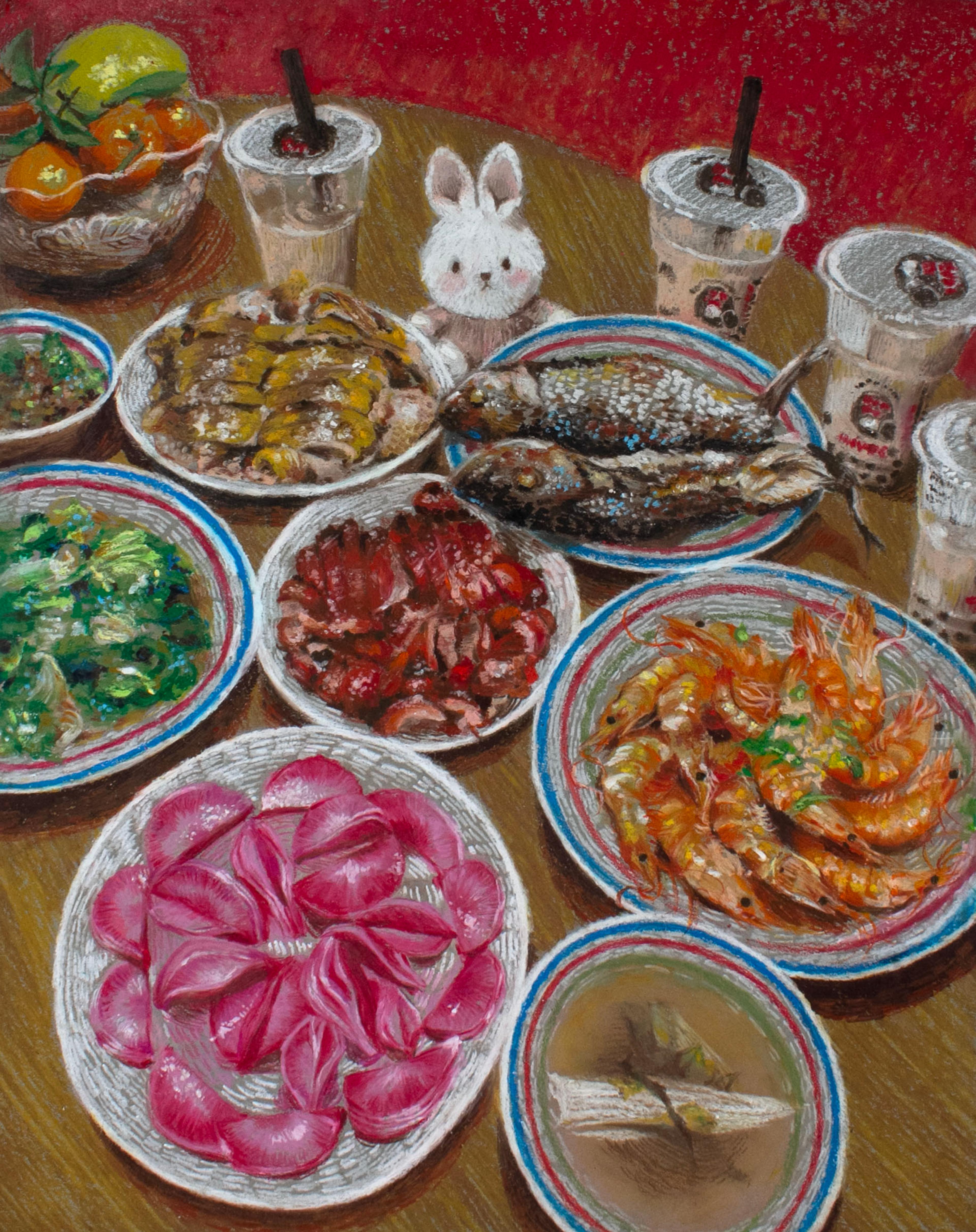 Oil pastel painting of a large assortment of various foods on plates sitting on a brown wooden tabletop. Among the dishes are dumplings, soup, shrimp, fish, spare ribs, broccoli, and several beverages with straws in plastic cups to the rear. A small, stuffed, white bunny rabbit sits on the table in the rear between the beverages. At the top left corner of the painting, a glass bowl filled with fruits sits at the very back of the table, in front of a red wall. The edge sof several of the plates are ringed with white, blue, red, and green concentric circles.