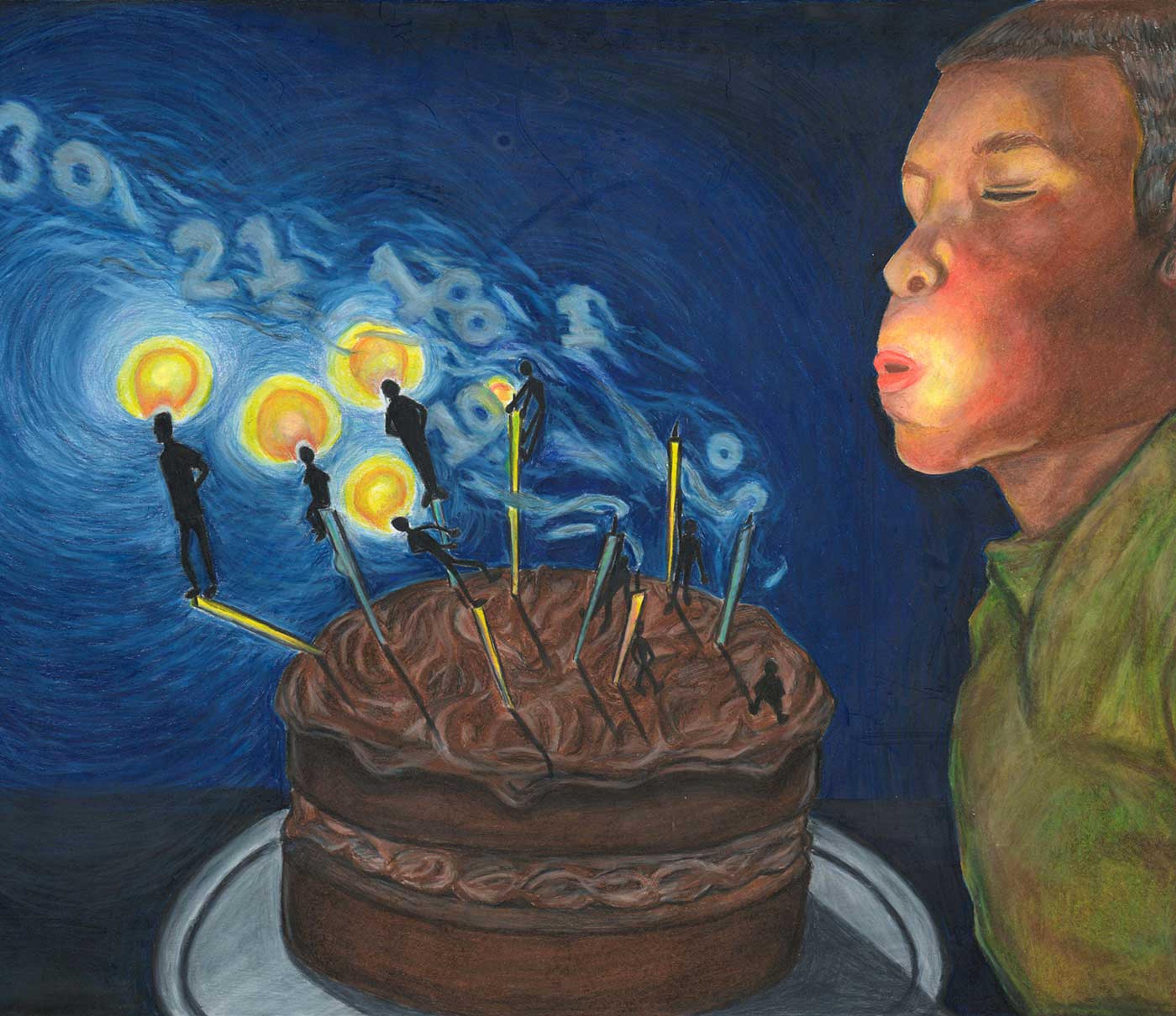 Drawing of a child blowing out birthday candles, with silhouettes of people at the top of each candle.