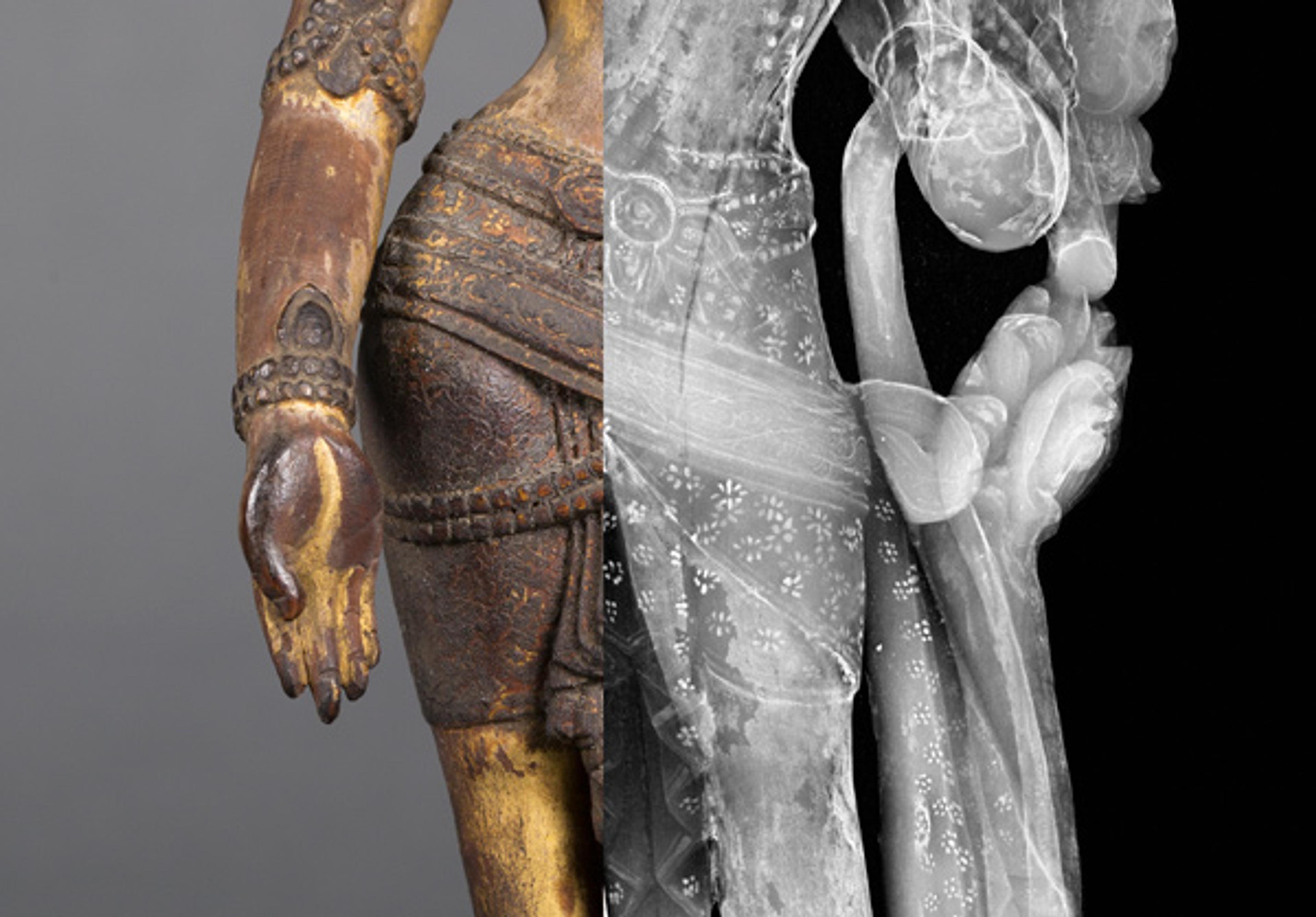 Left: Detail of garment showing an area where the gilded floral pattern is still preserved. Right: With the help of X-ray radiography, the delicate flower petals on the figure's dhoti can be visualized