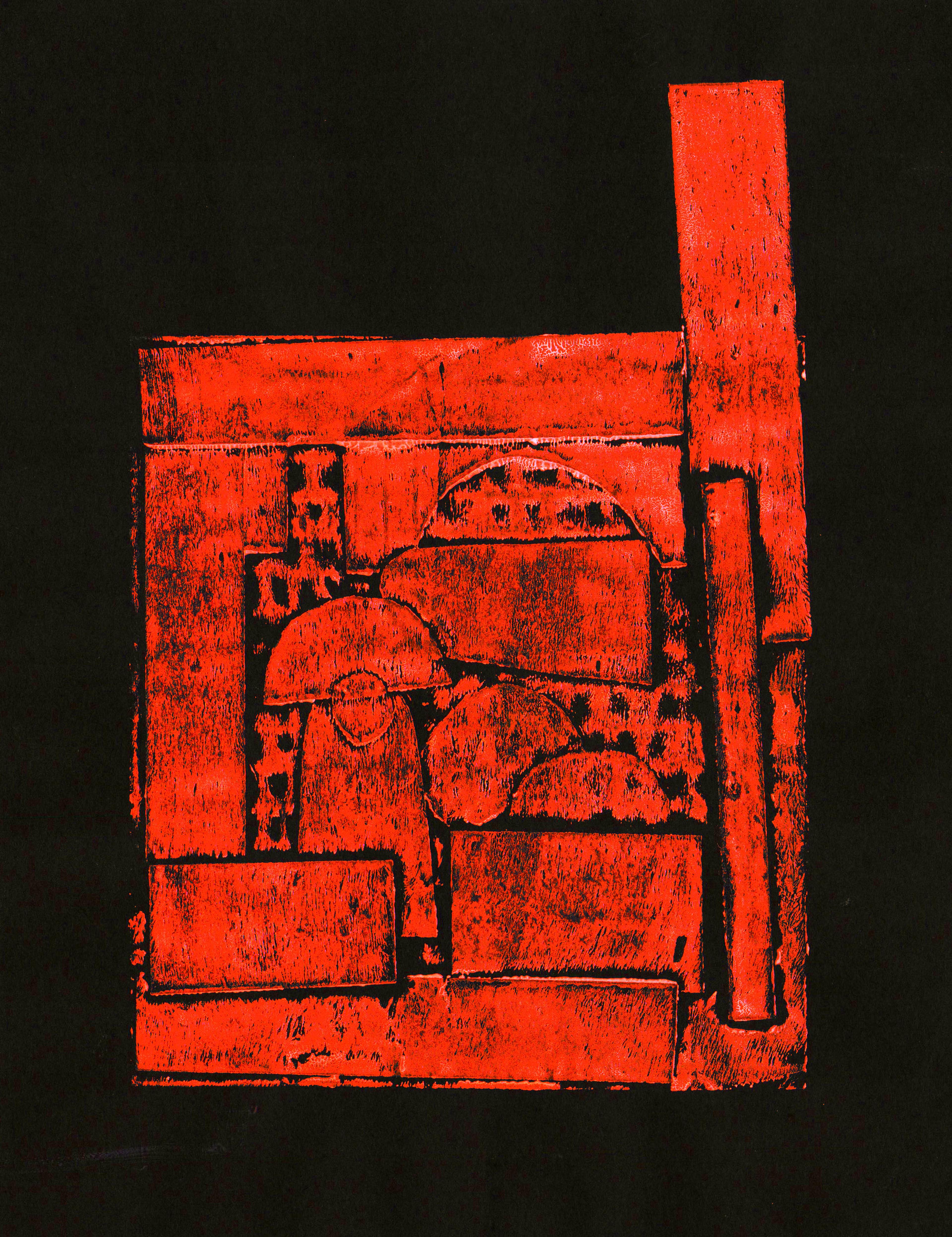 Ink-on-paper illustration of a bright red house drawn on a black background. A chimney stands up on the top right side of the house. The interior of the house is shown in cross section. A child playing with toys is represented by abstract geometric shapes inside the house.