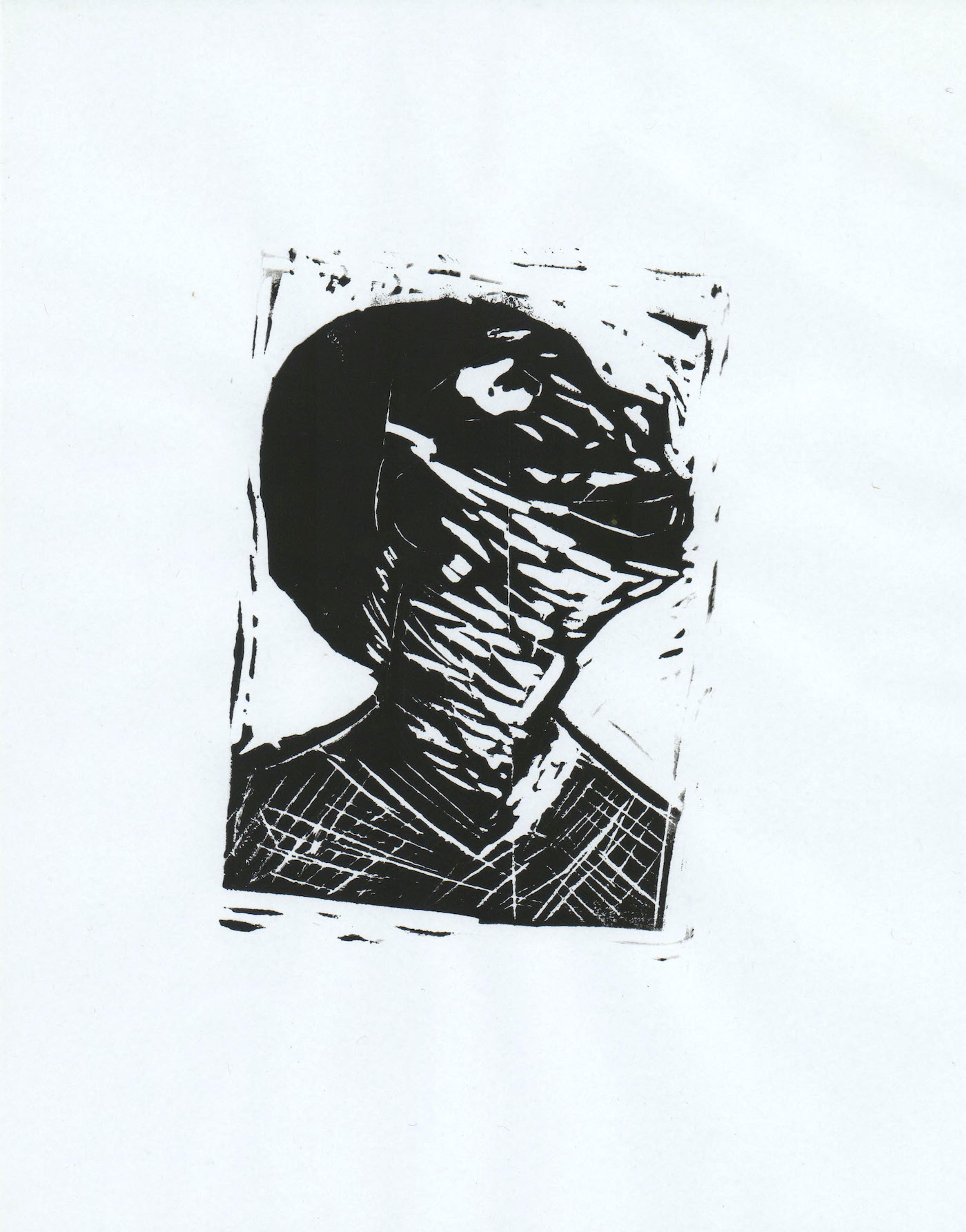 Black and white linocut print showing a framed head- and- shoulders portrait of a black silhouetted head facing upward and to the right. The black fill on the silhouetted head is periodically broken up by sketchy, white cross- hatched lines.
