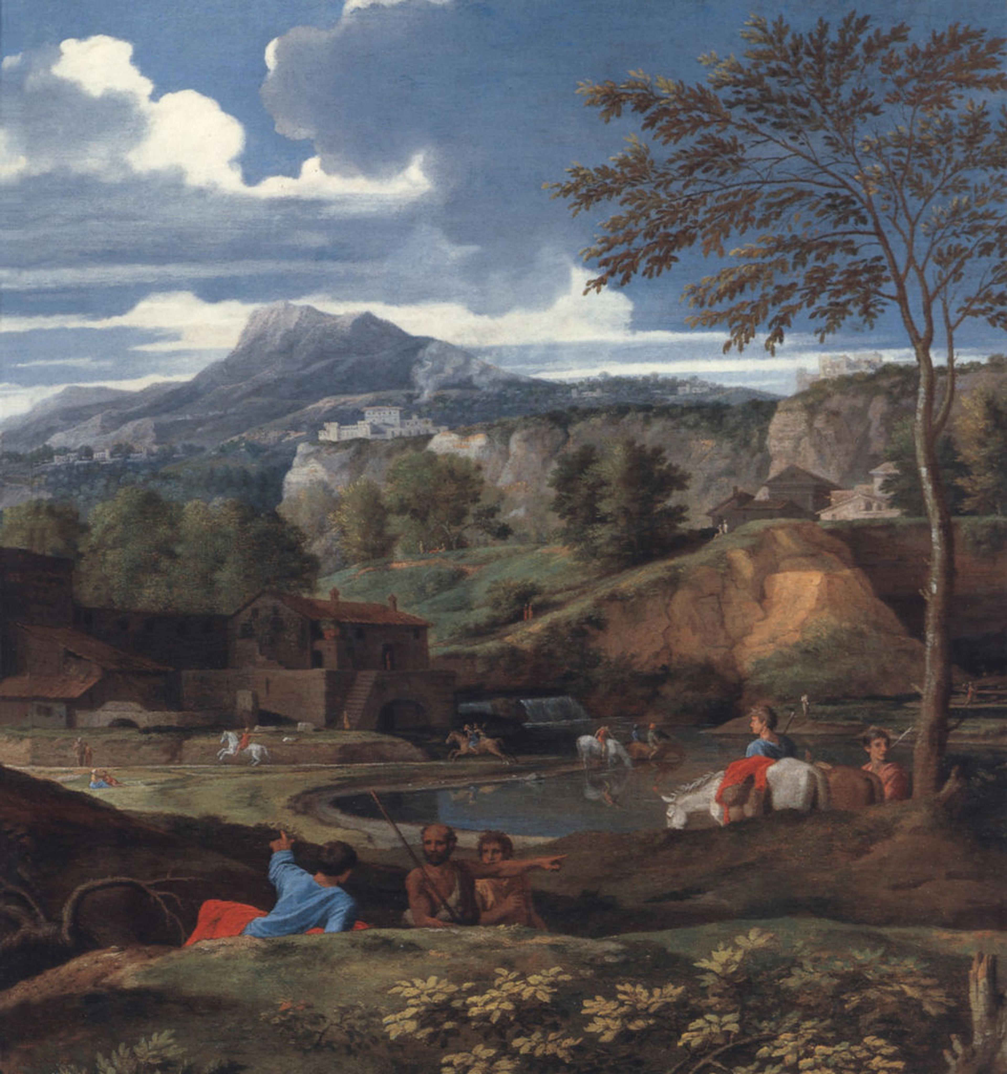 Detail view of a Nicolas Poussin painting of a pastoral scene