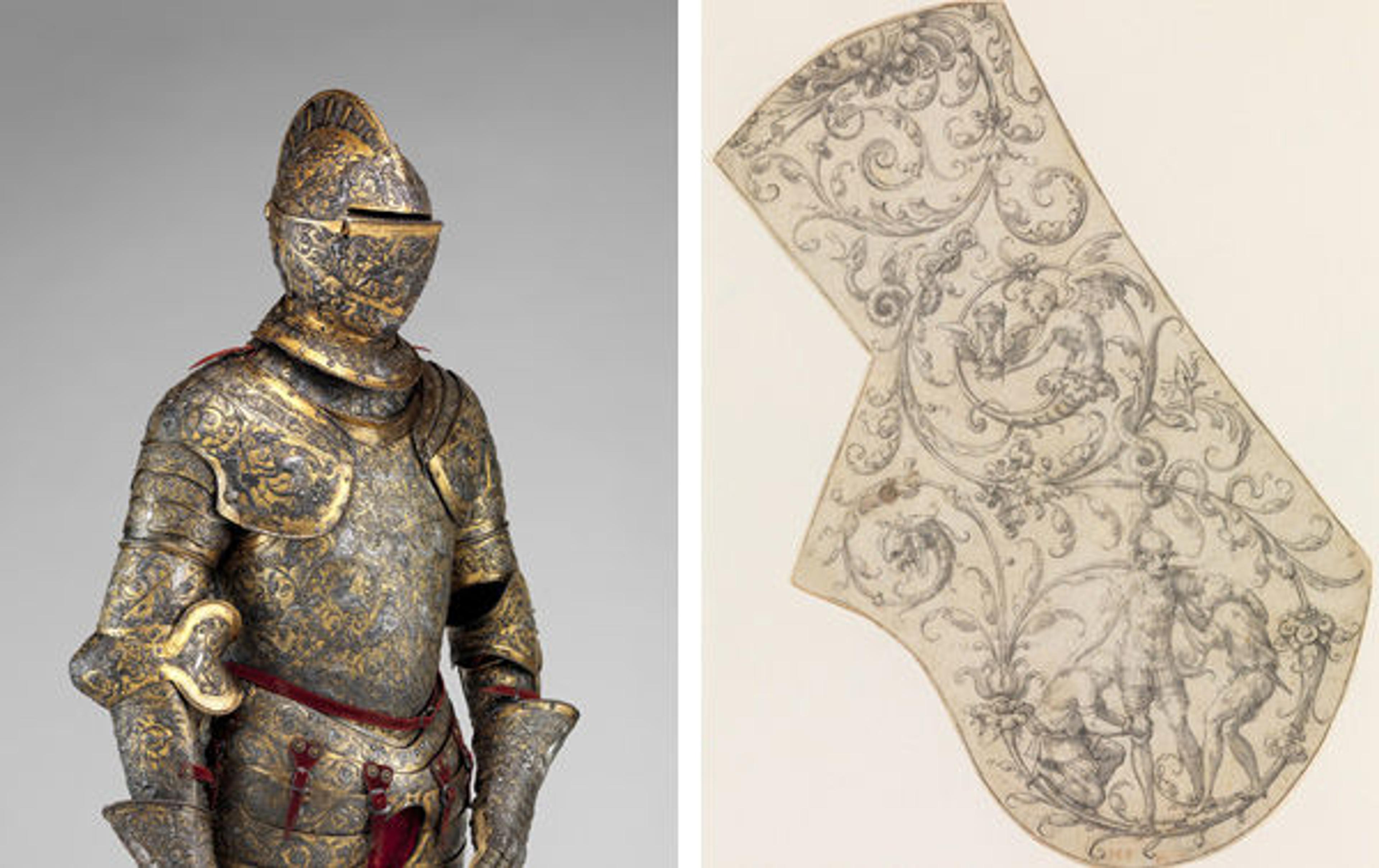 Left: fig. 1. Armor of Henry II of France (reigned 1547–59), ca. 1555. French, possibly Paris. Steel, silver, gold; H. 74 (187.96 cm); Wt. 53 lb. 4 oz. (24.20 kg). The Metropolitan Museum of Art, New York, Harris Brisbane Dick Fund, 1939 (39.121a–n) Right: fig. 2. Attributed to Étienne Delaune (French, 1518–83) or attributed to Jean Cousin the Elder (French, ca. 1490–ca. 1560). Design for the Right Pauldron of a Parade Armor, ca. 1555. French, Paris. Pen and ink with watercolor wash on paper; Greatest length, 10 in. (25.4 cm) greatest width, 6 17/32 in. (16.6 cm) shortest width, 3 47/64 in. (9.5 cm). The Metropolitan Museum of Art, New York, Rogers Fund, 1954 (54.173)