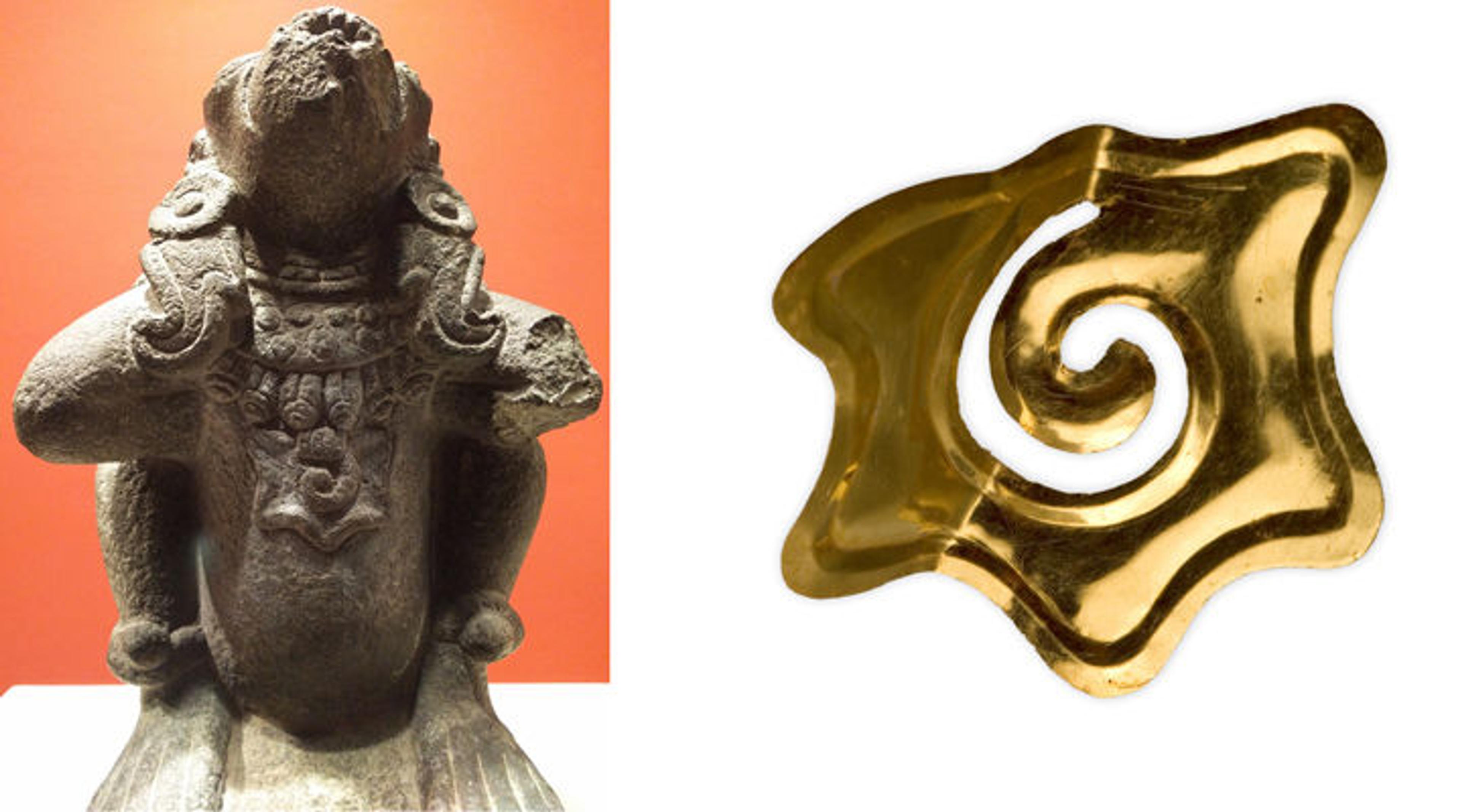 At left, a detail view of a spider monkey sculpture showing different regalia; at right, a 15th-century gold conch-shell pendant from Mexico
