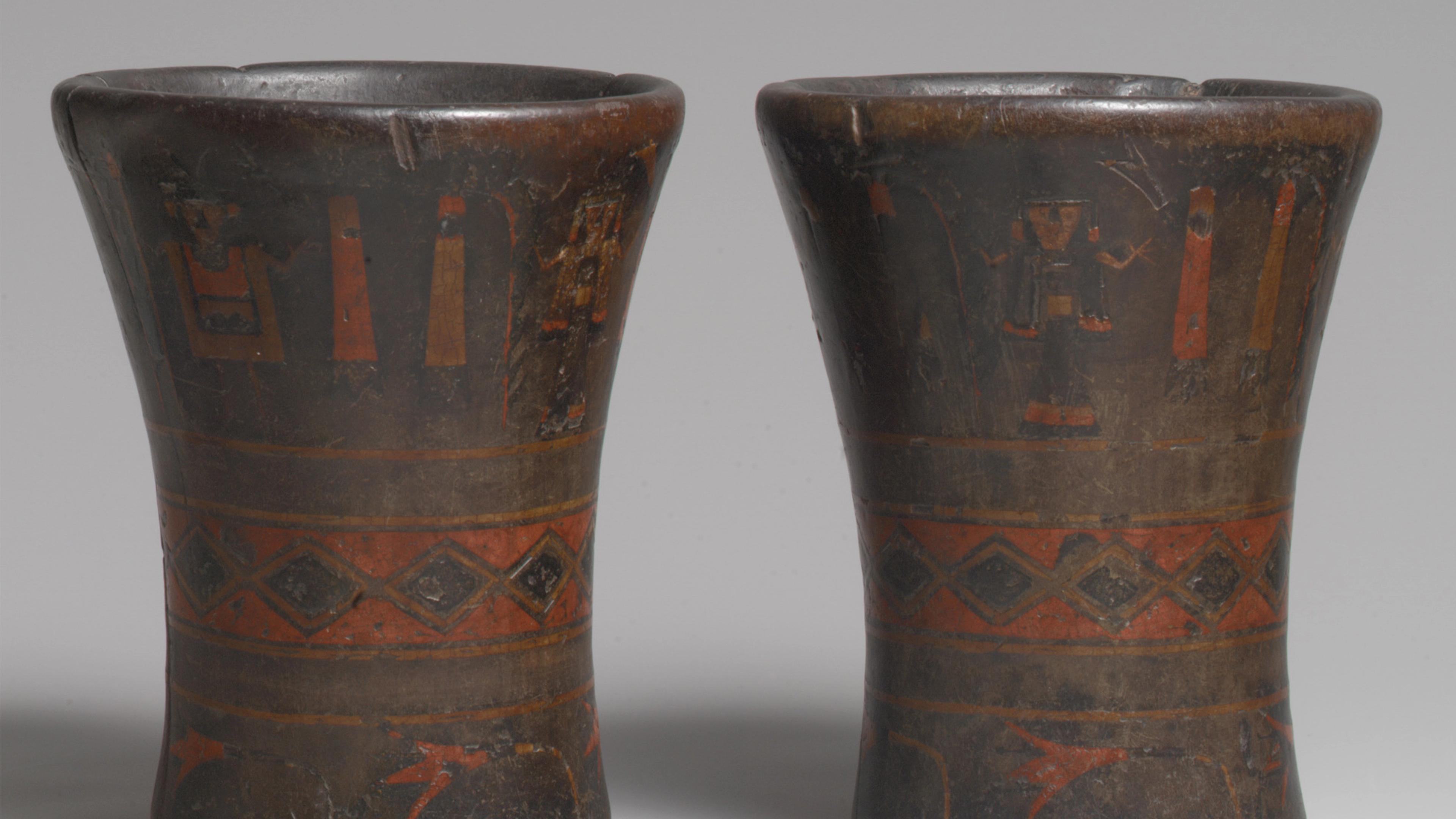 Pair of keros with depictions of figures and geometric designs