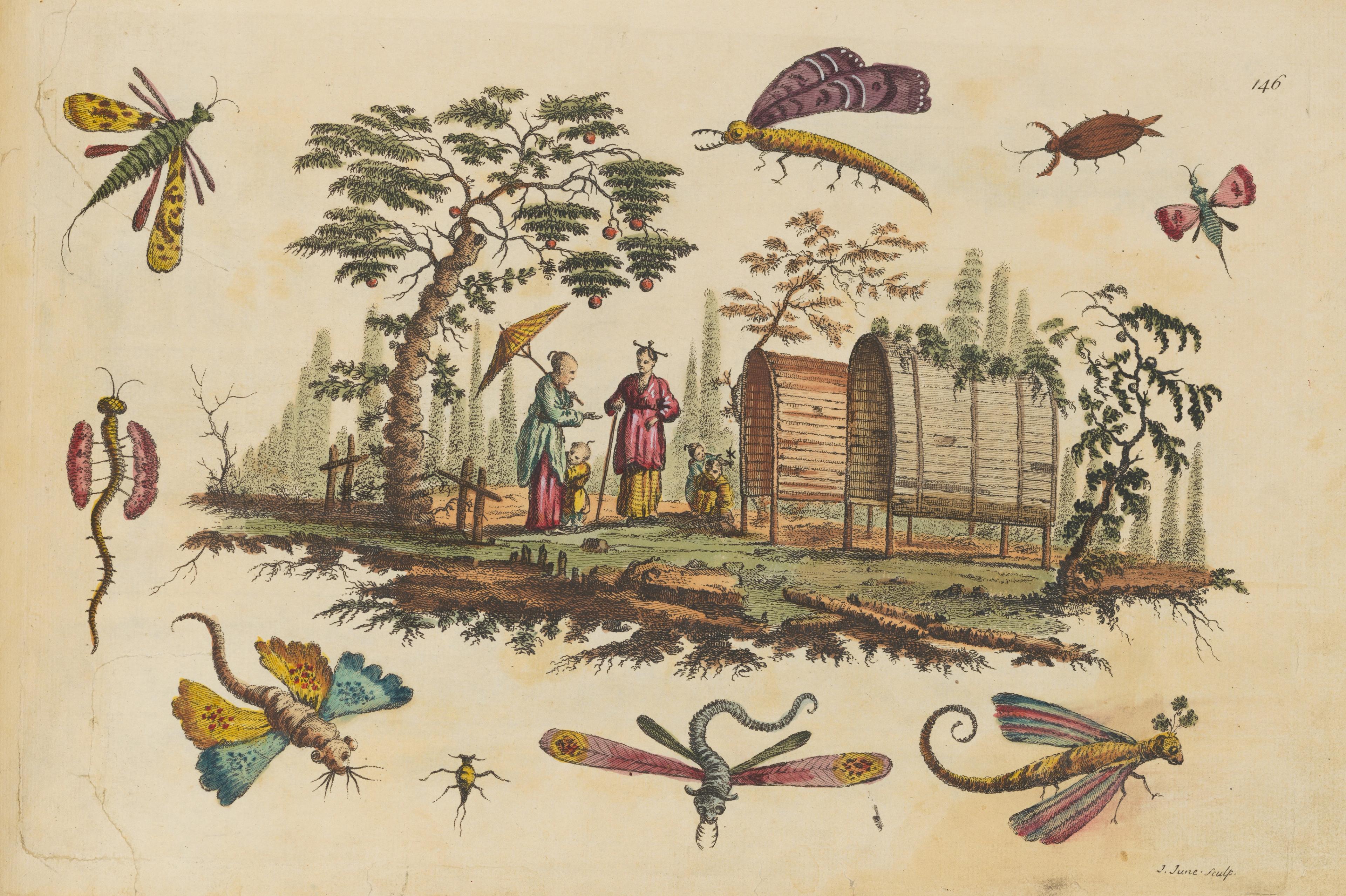Figures in eastern dress with children clinging to their legs in an outdoor setting. Drawings of dragonflies circle the scene.