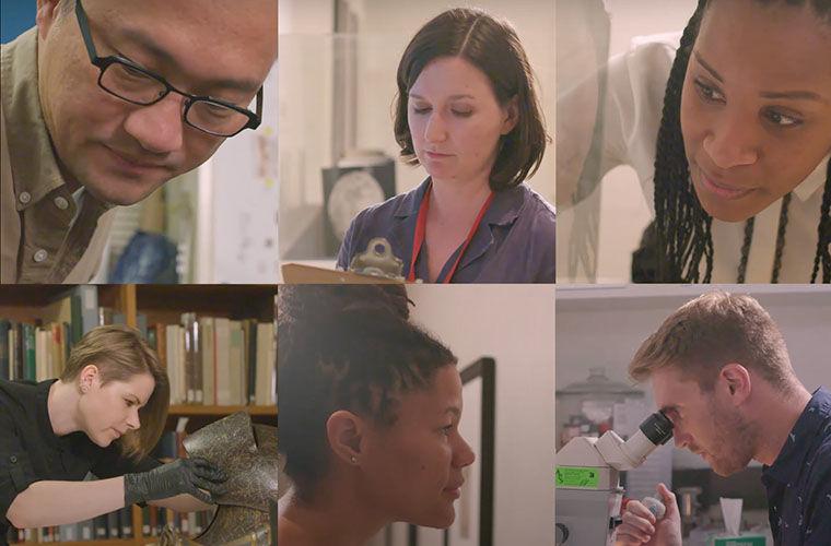 A grid of six photos of different people looking closely at objects outside the frame.