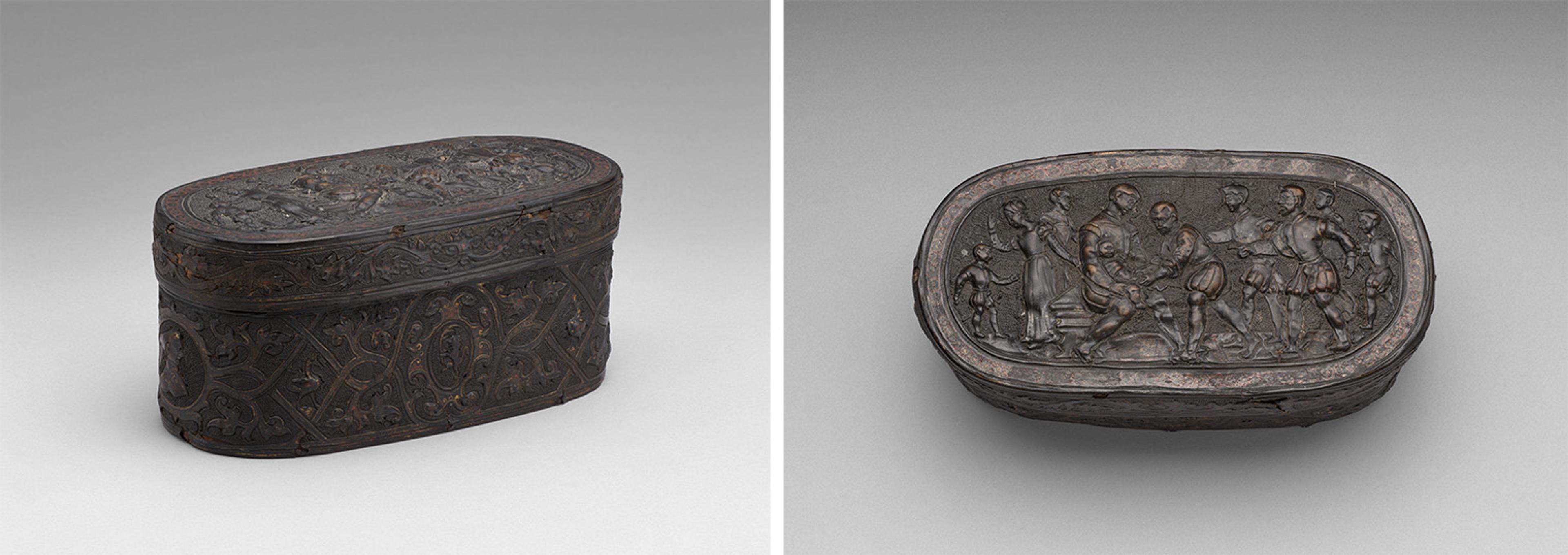 Oval box with intricate carvings displayed in two views: a side view showcasing floral patterns and a top view featuring a scene of figures in relief.