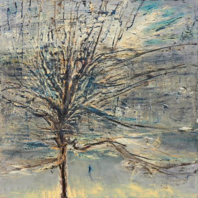 Figure Approaching the British Museum, Seen Through Plane Tree Branches