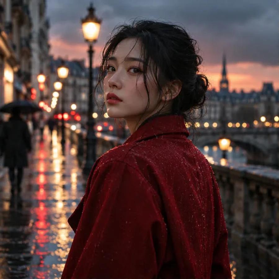 Woman in a red coat on a rainy city street