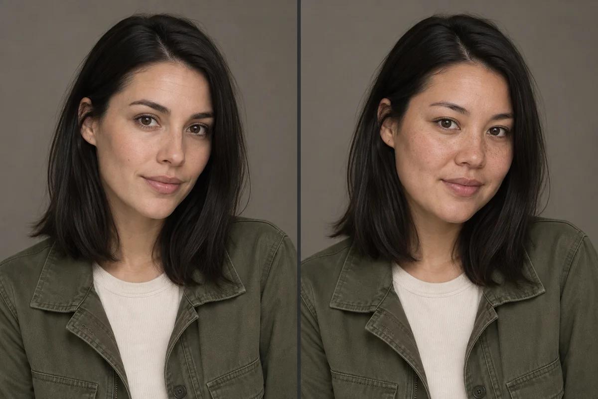 Conceptual before-and-after portraits with the same jacket, hairstyle, pose, and background but a different facial identity