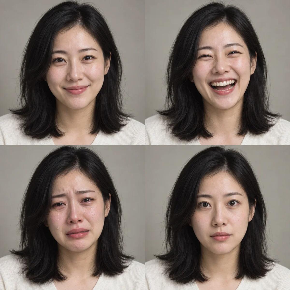 Four fictional adult portraits illustrating smile, laugh, crying and open-eyes expression ideas
