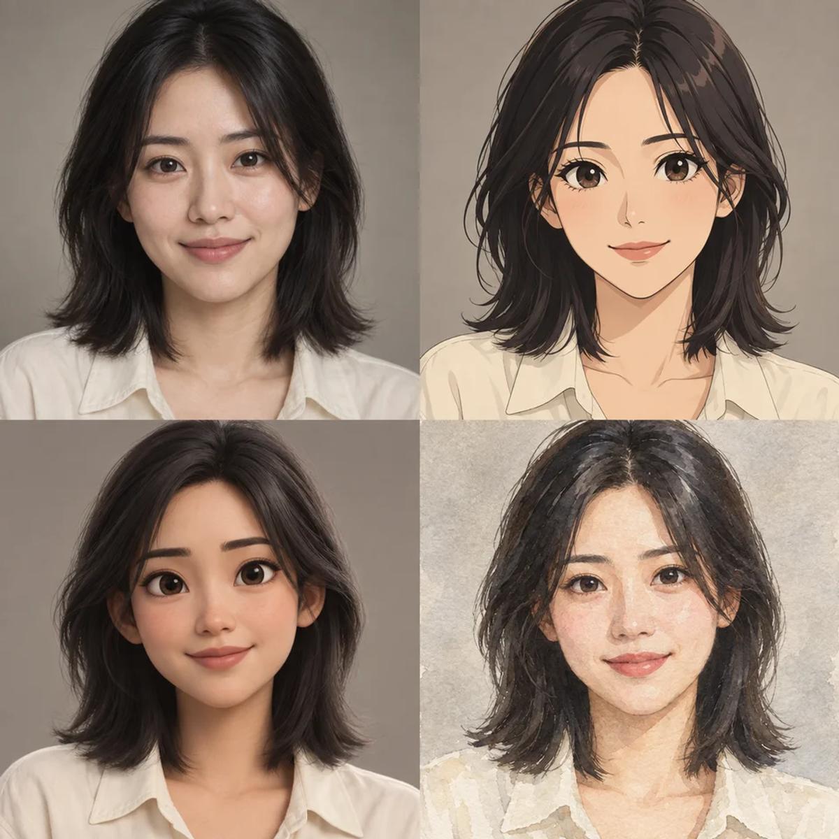 Four fictional portrait style concepts: realistic photography, anime illustration, stylized 3D animation and watercolor
