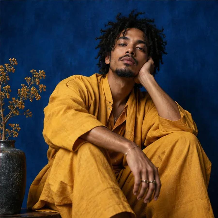 Studio portrait with a blue backdrop and yellow jacket