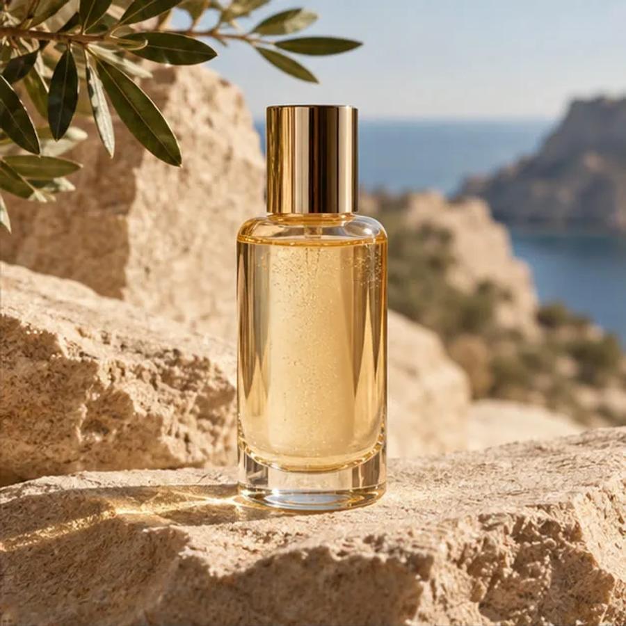 Amber perfume bottle in a natural product setting