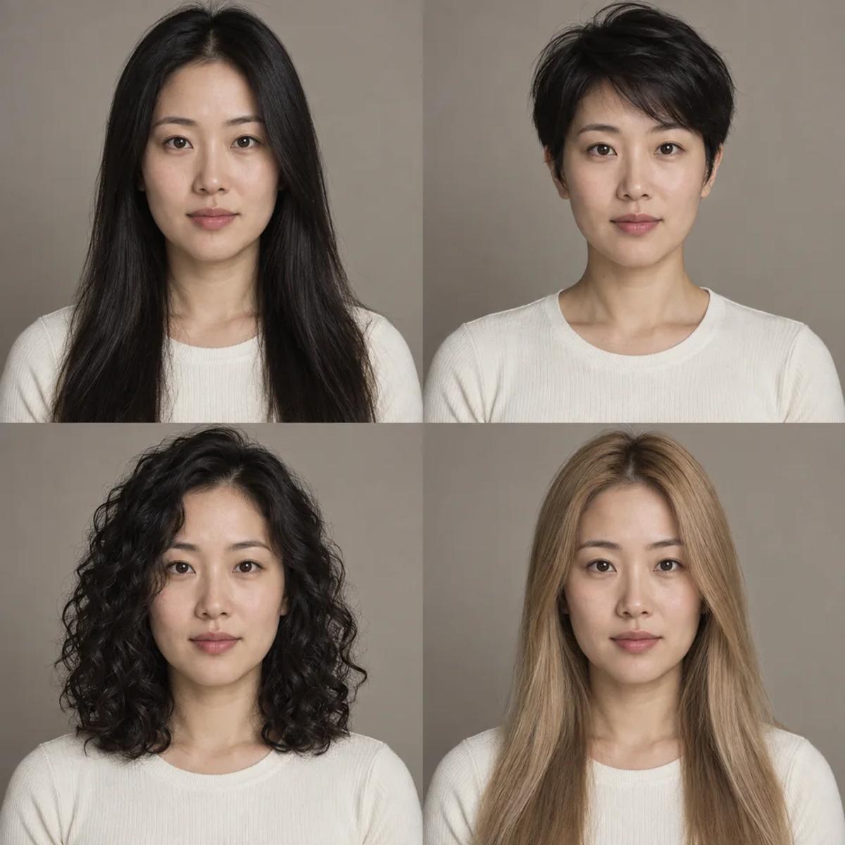 Fictional hairstyle concept portraits with long straight hair, a short haircut, curls and blonde hair