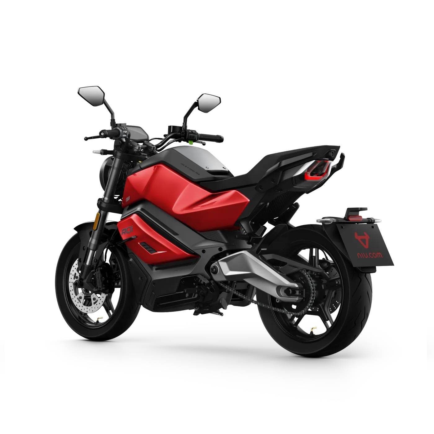 NIU RQi Sport en rojo, vista tres cuartos trasera