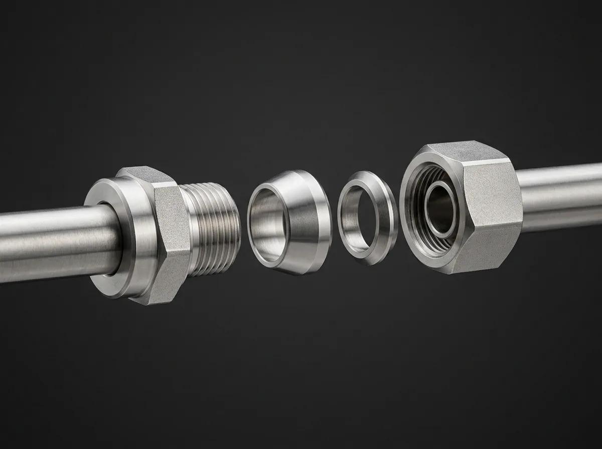 An exploded view of a double ferrule compression tube fitting showing nut, ferrules and body