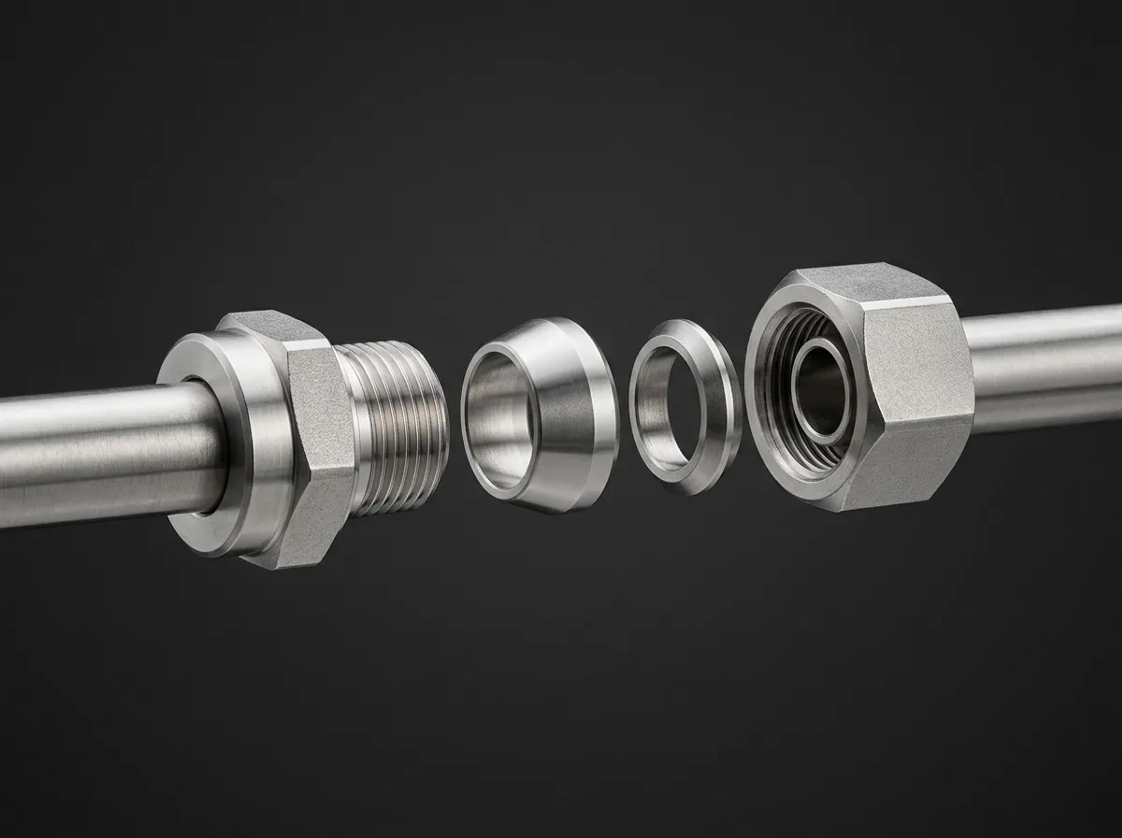 An exploded view of a double ferrule compression tube fitting showing nut, ferrules and body
