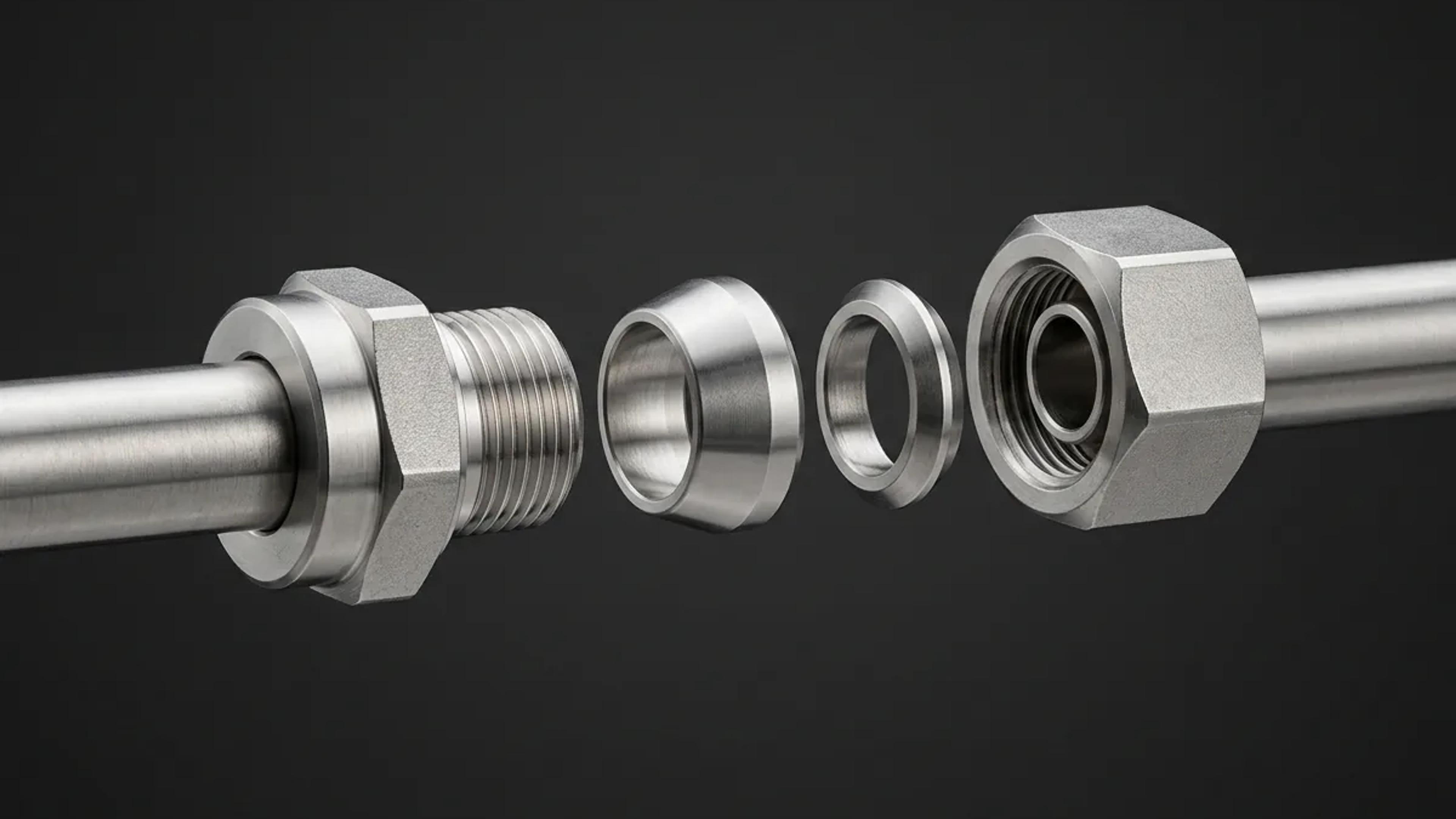 An exploded view of a double ferrule compression tube fitting showing nut, ferrules and body