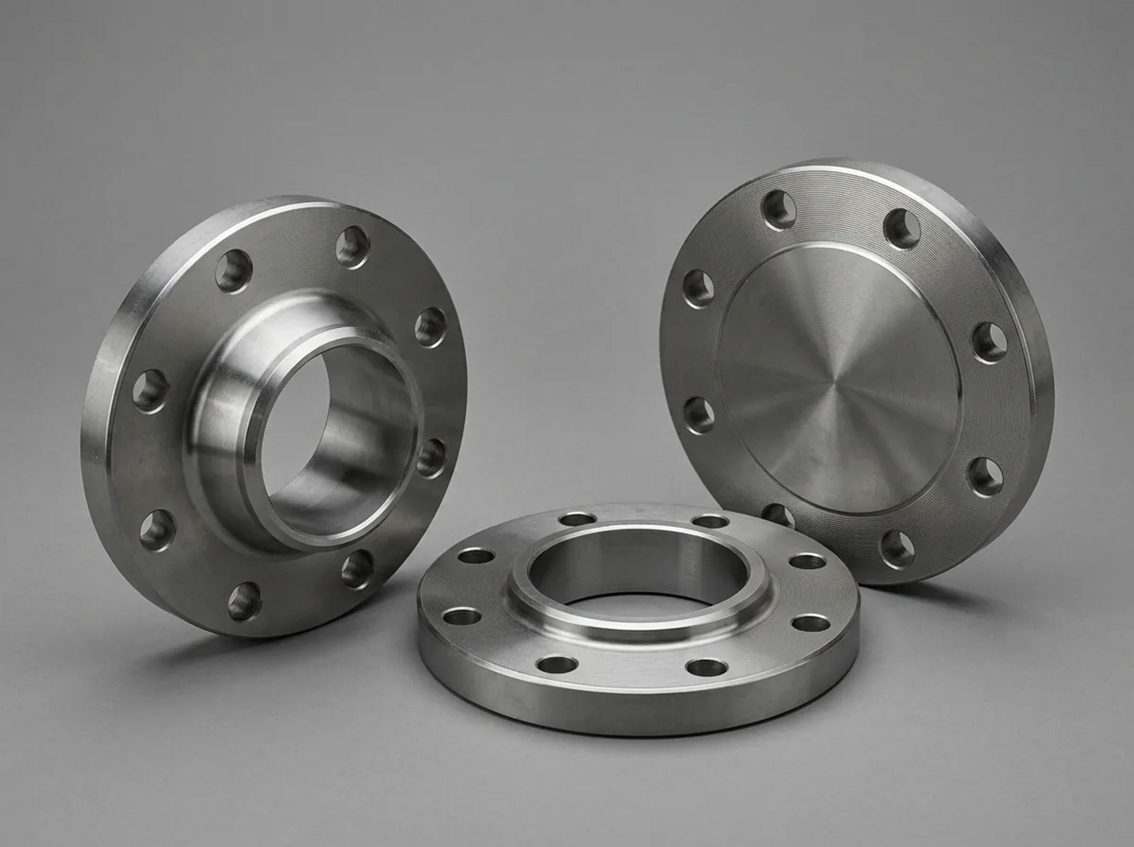 A group of forged steel flanges in several types and sizes