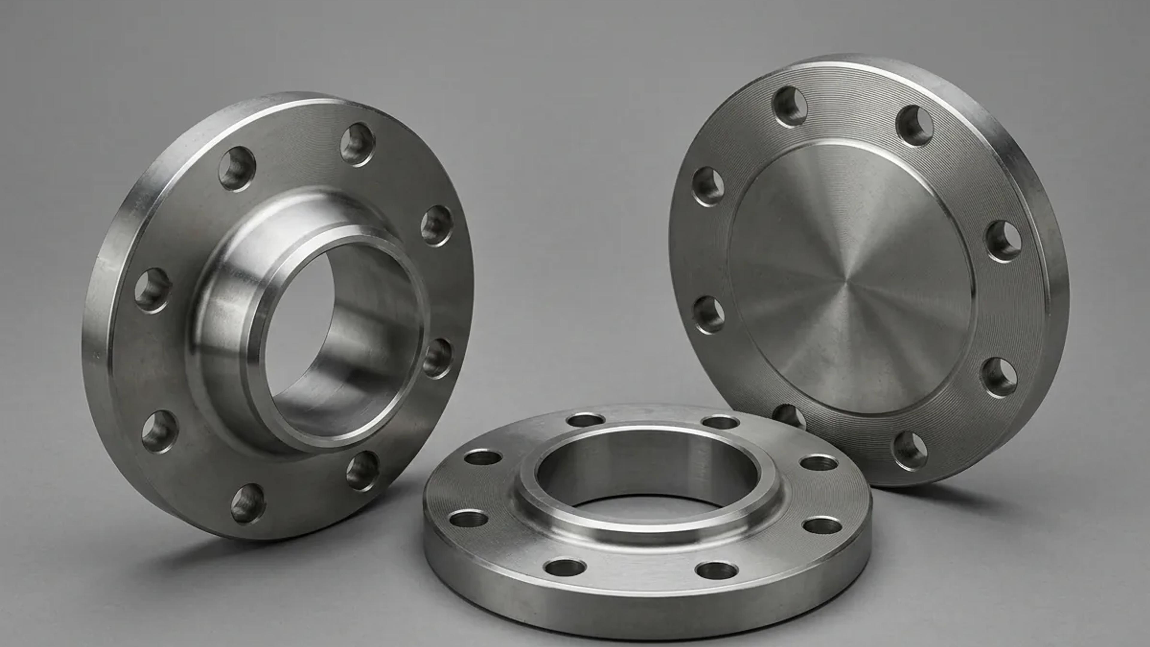 A group of forged steel flanges in several types and sizes