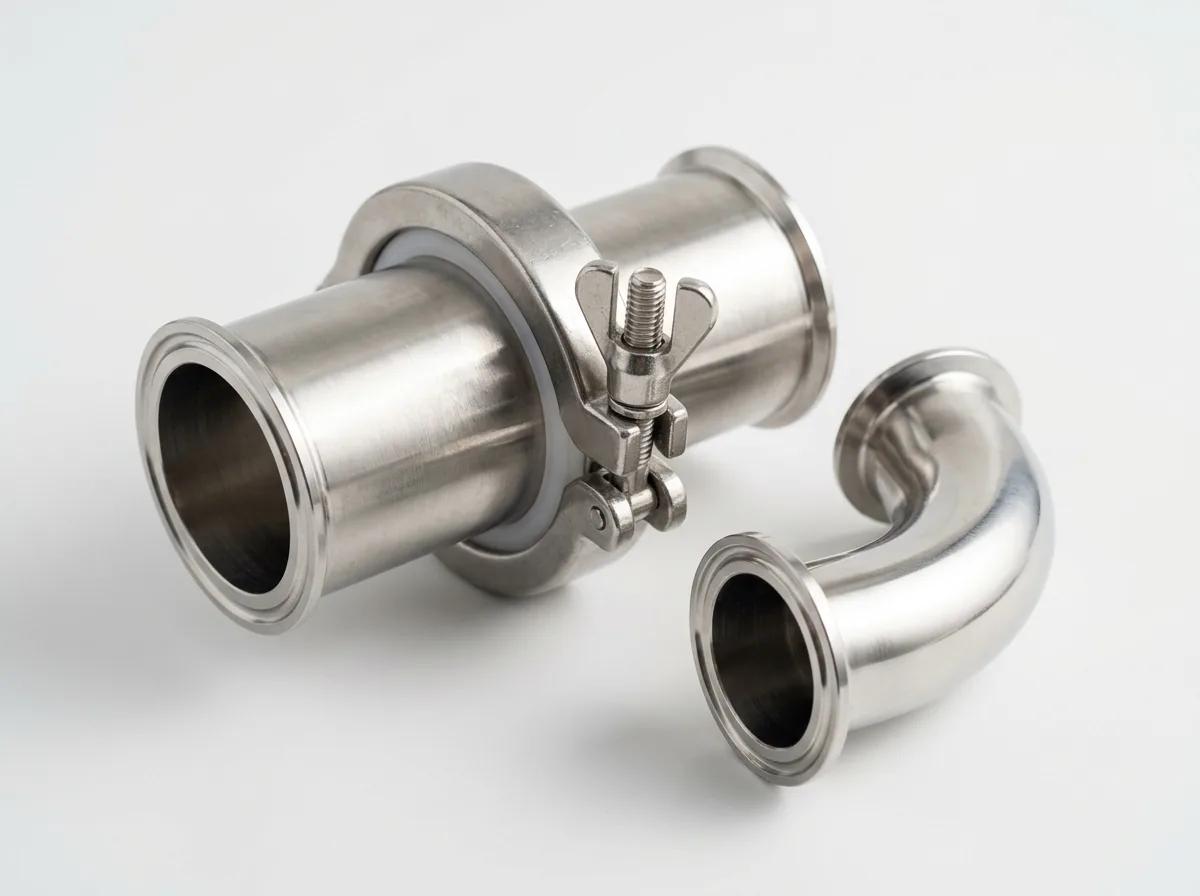 A polished stainless steel tri-clamp hygienic fitting with clamp and gasket