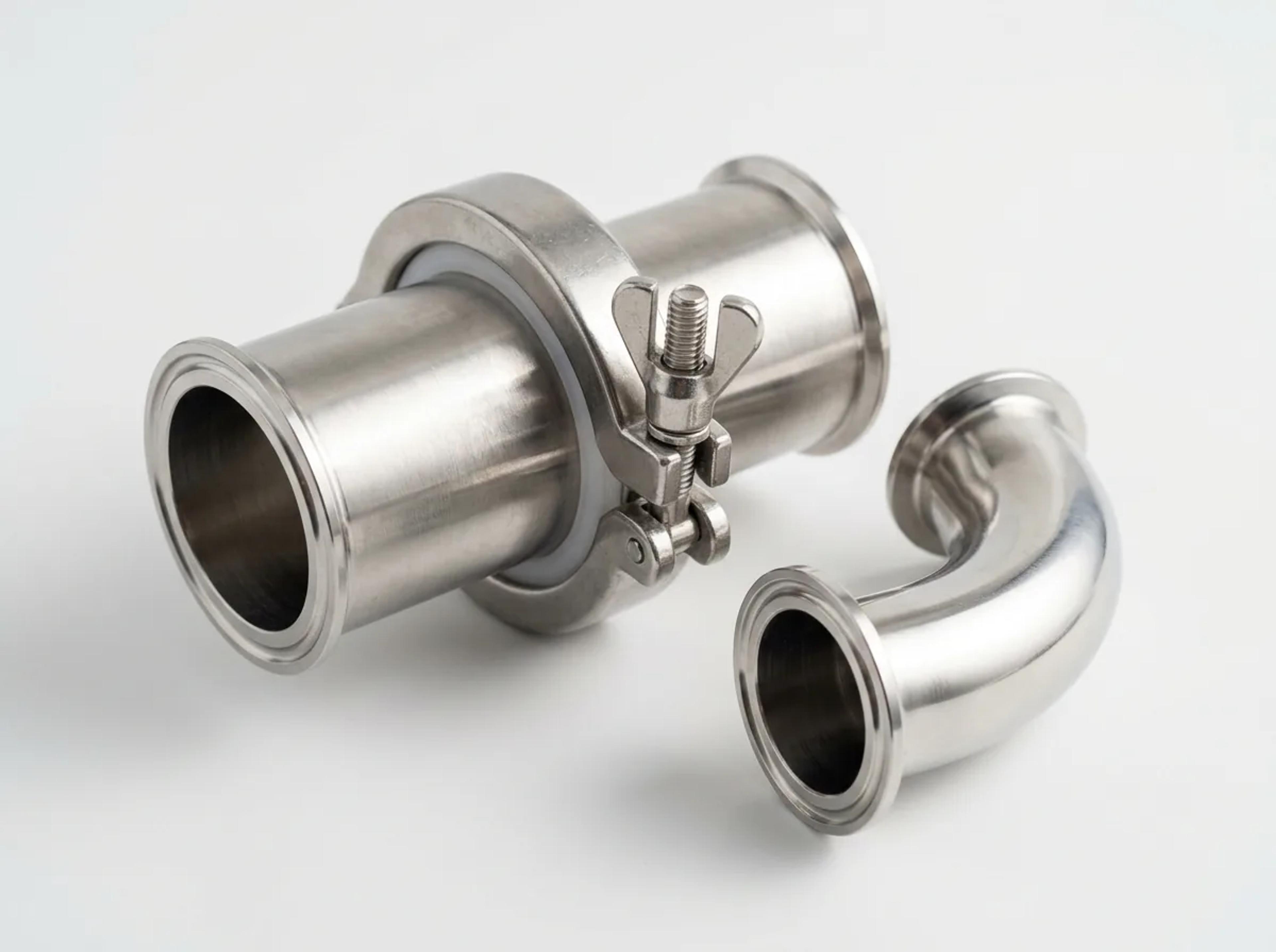 A polished stainless steel tri-clamp hygienic fitting with clamp and gasket
