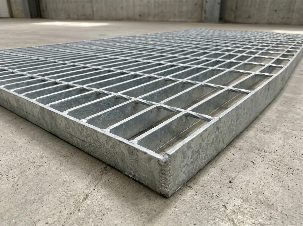 A galvanized steel bar grating panel with cross bars