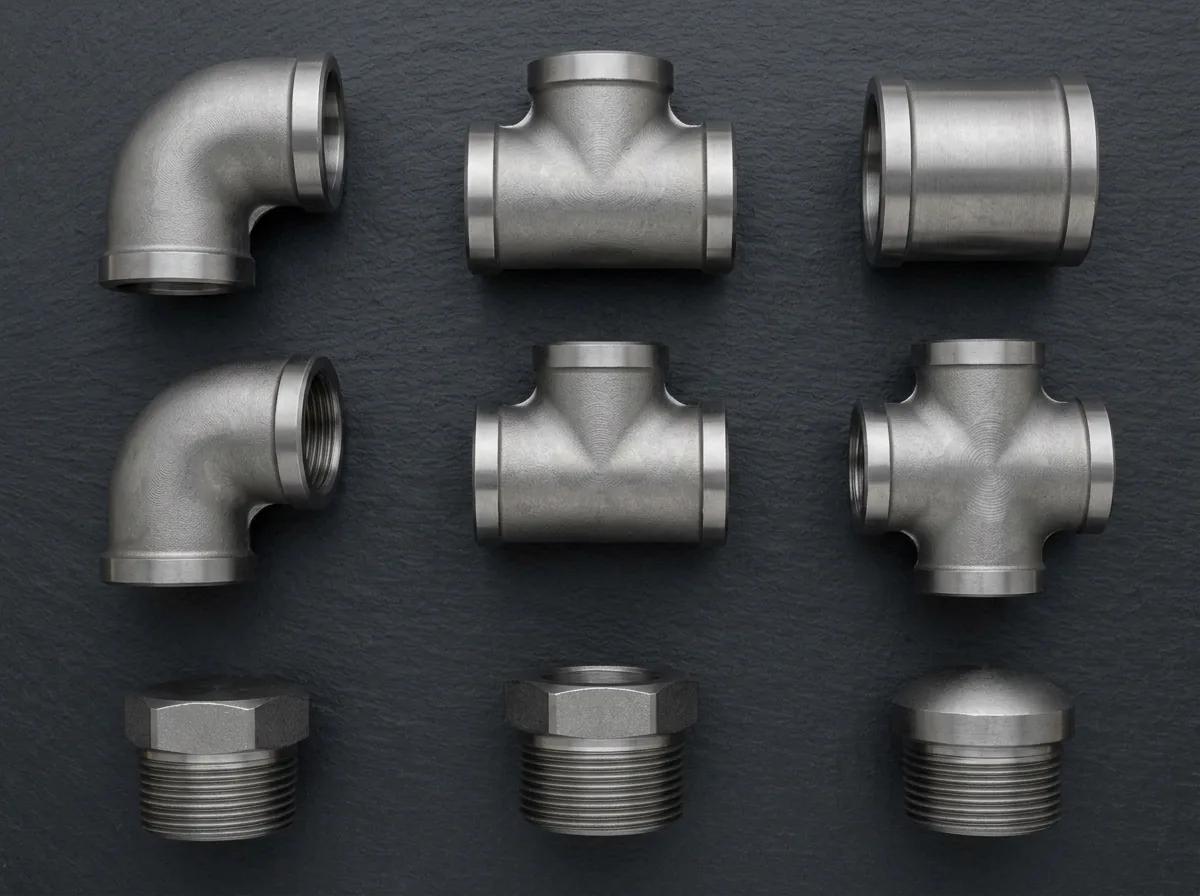 Assorted forged steel socket weld and threaded fittings arranged in a grid