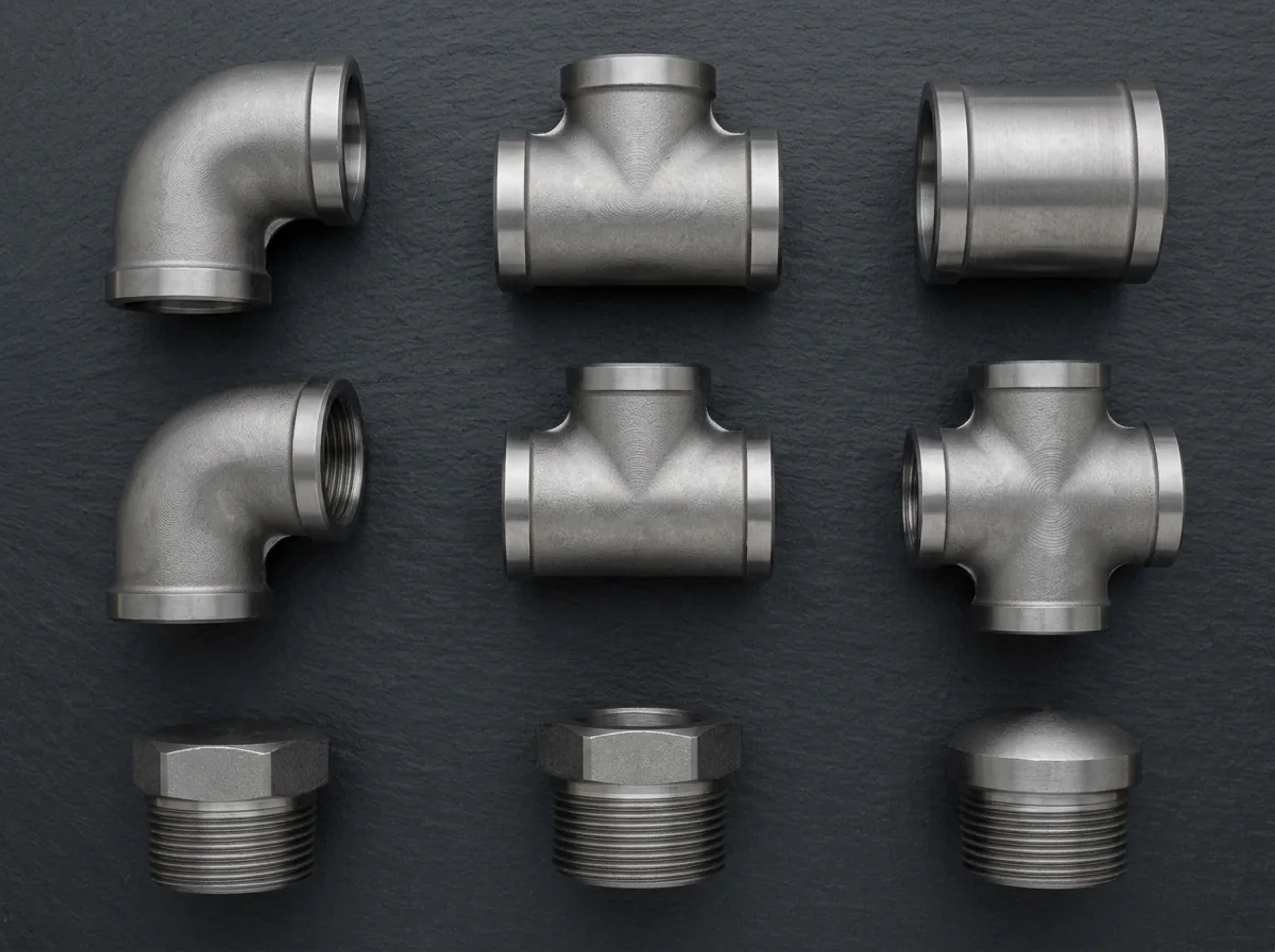 Assorted forged steel socket weld and threaded fittings arranged in a grid