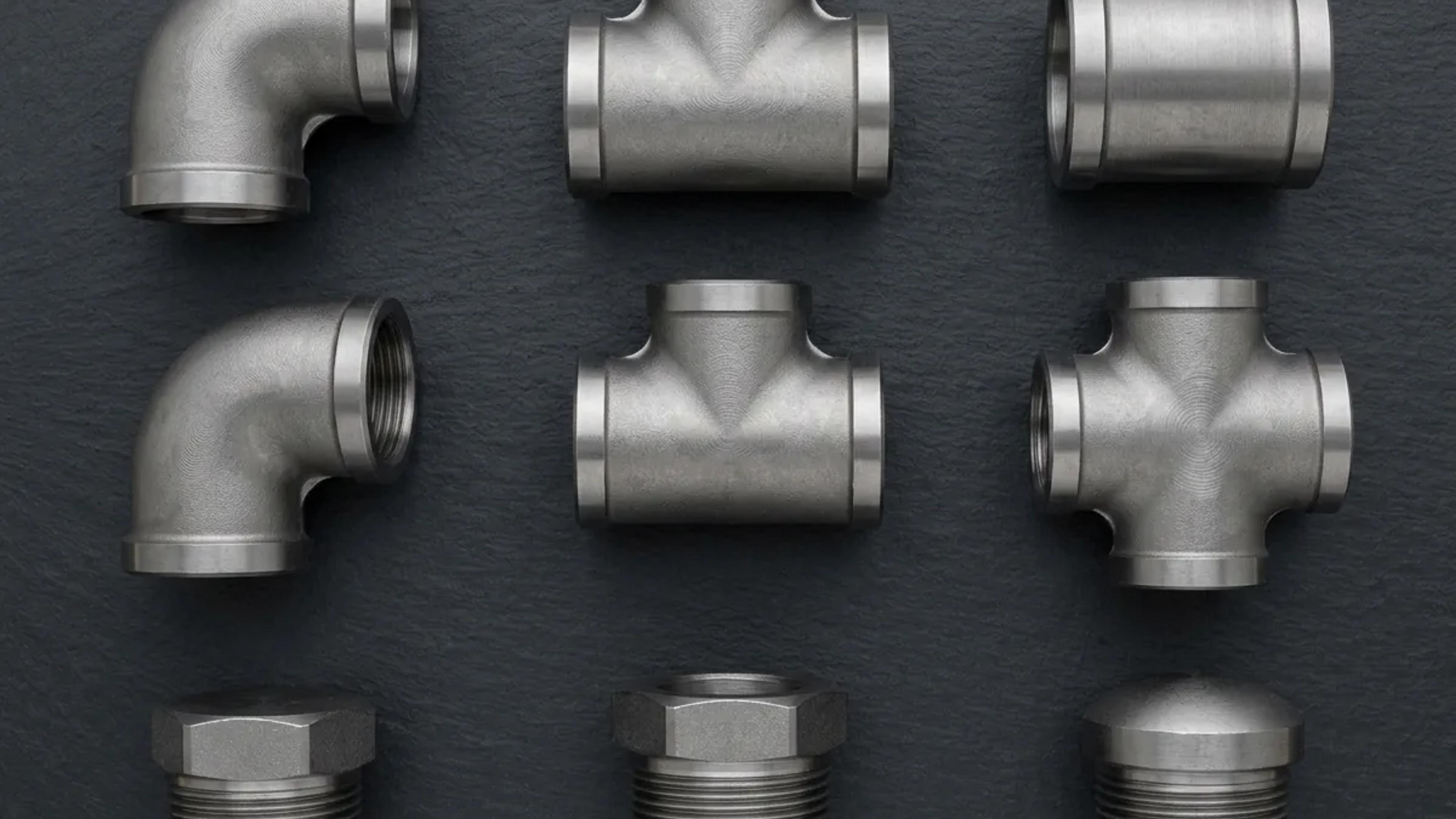 Assorted forged steel socket weld and threaded fittings arranged in a grid
