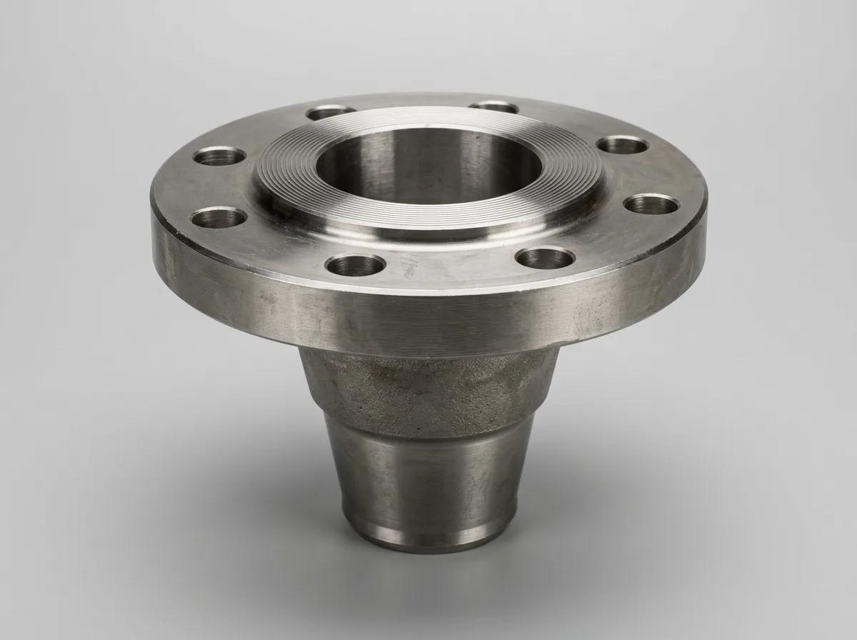 A forged steel weld neck flange with raised face