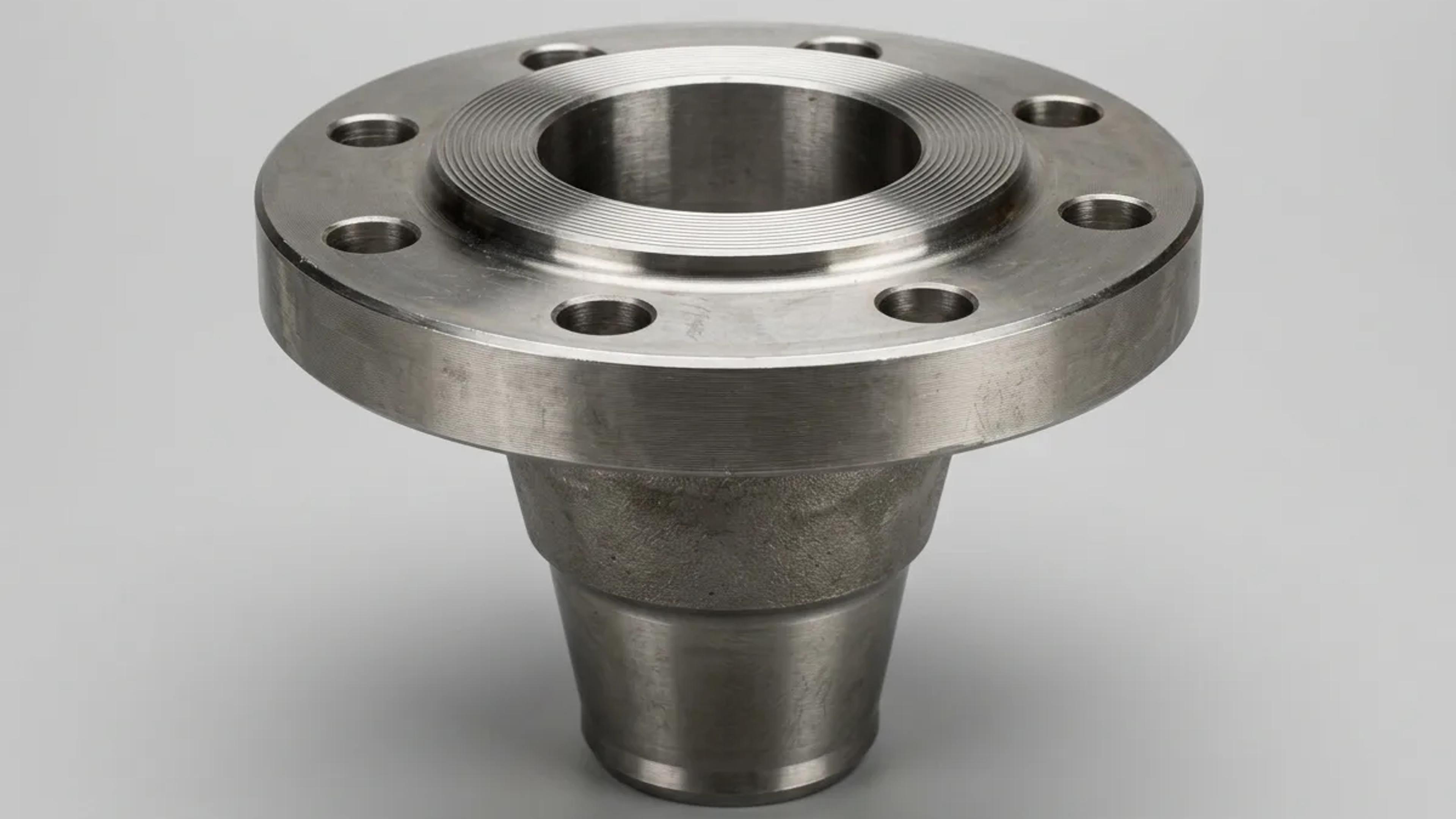 A forged steel weld neck flange with raised face