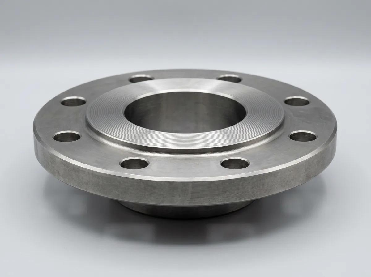 A raised face steel flange with bolt holes