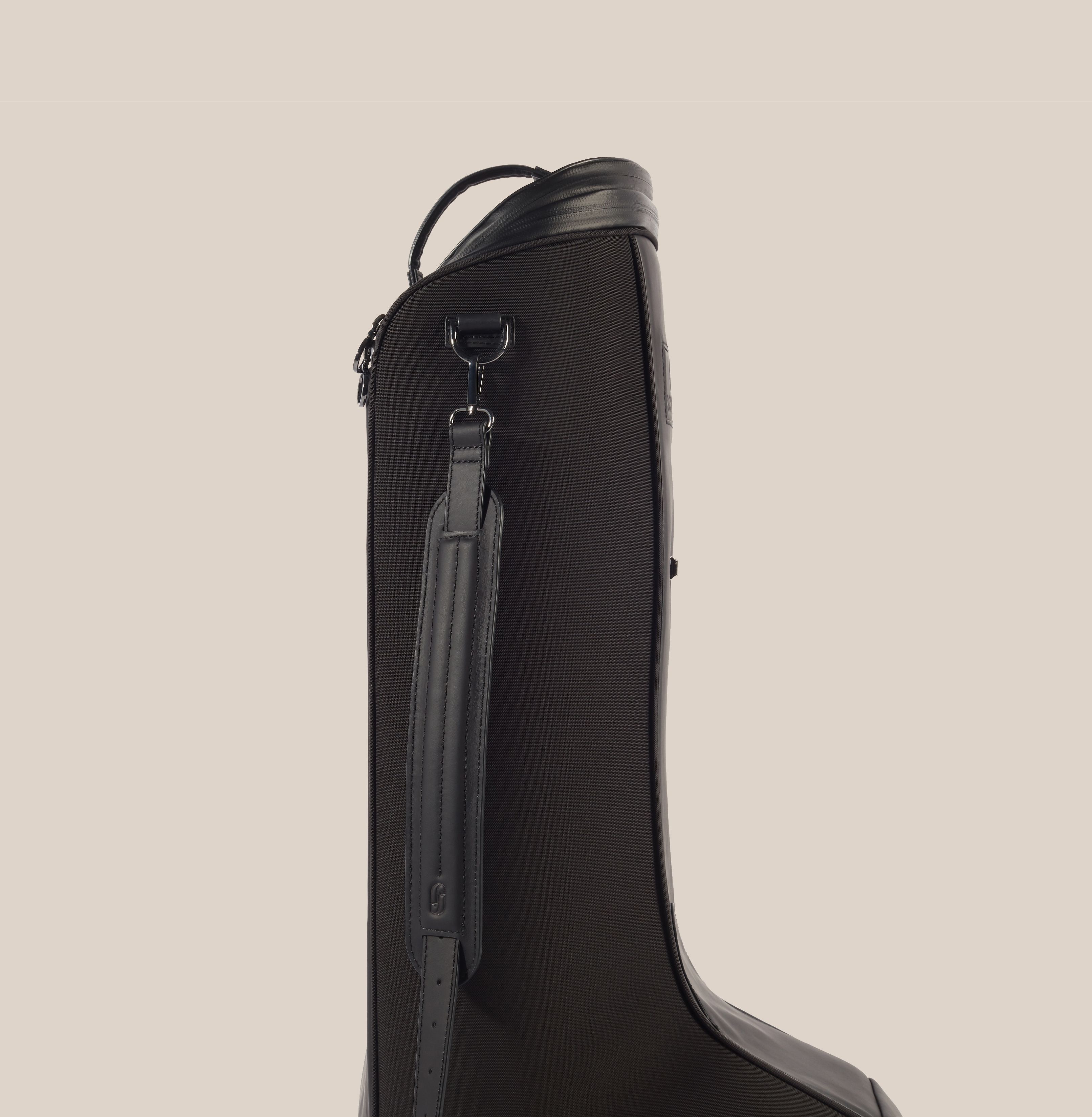 horse riding boot in black leather w shoulder strap