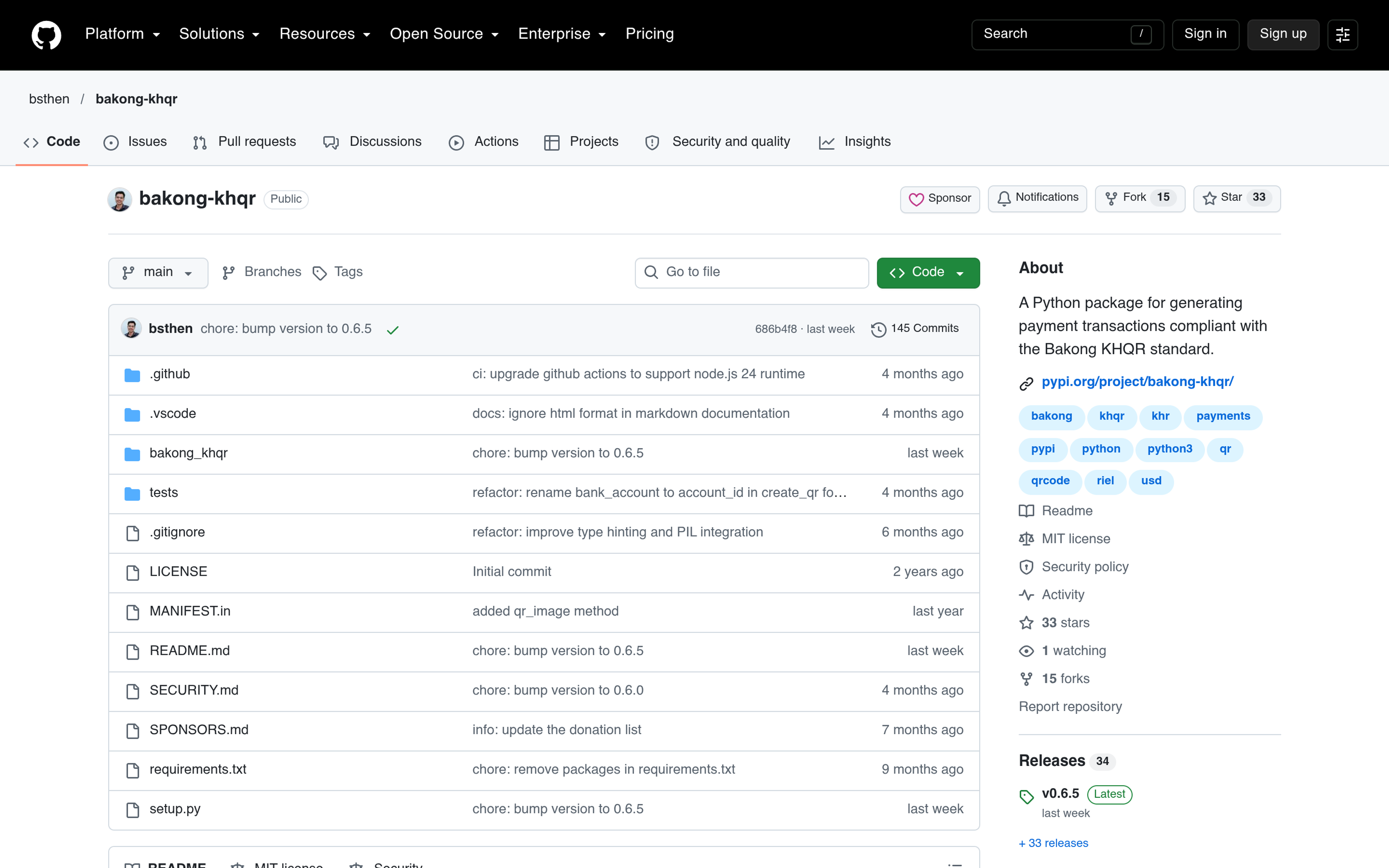 GitHub repository page for the open-source bakong-khqr Python library