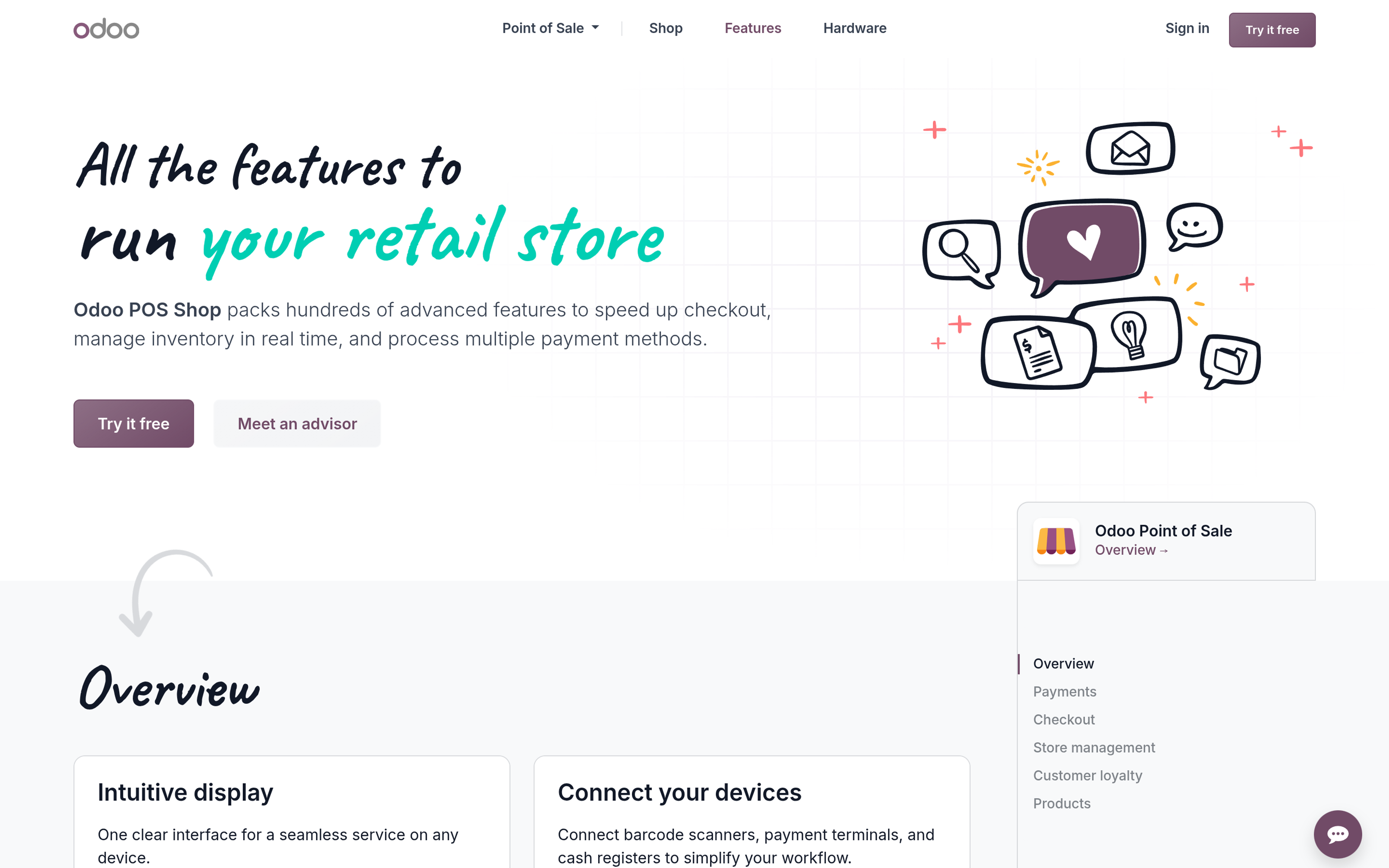 Odoo Point of Sale feature page describing real-time inventory and online store synchronization