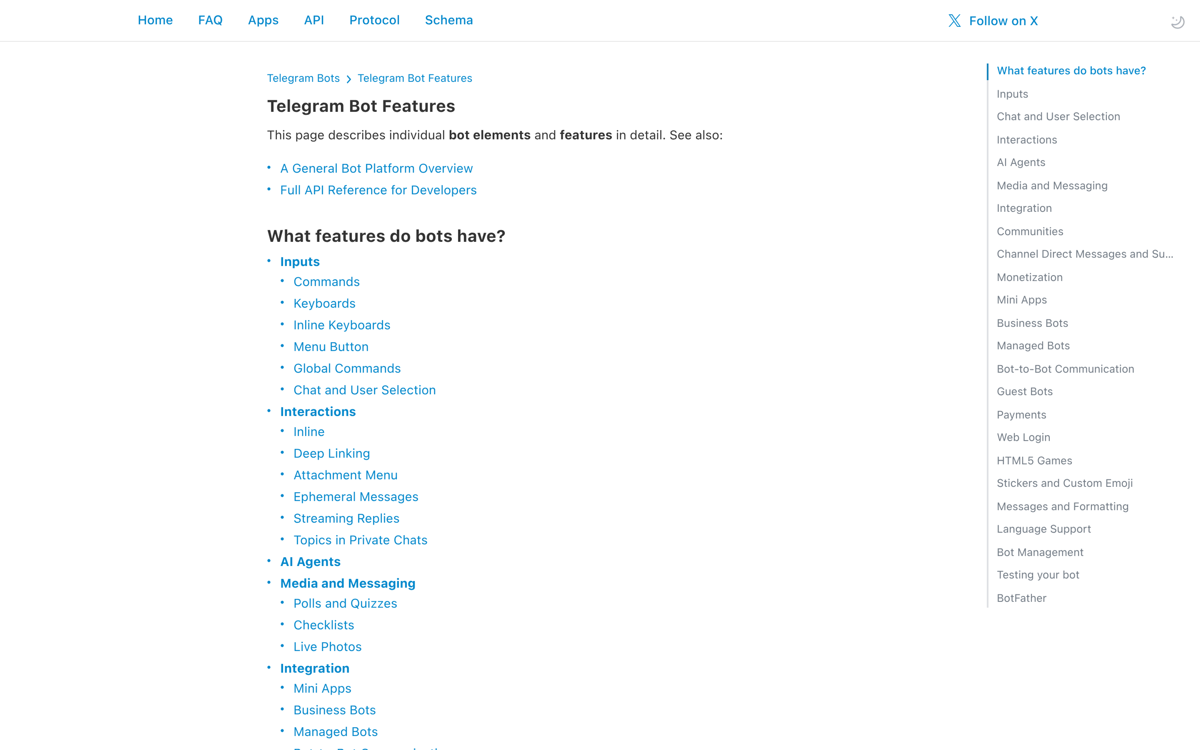 Telegram official documentation page listing bot platform features