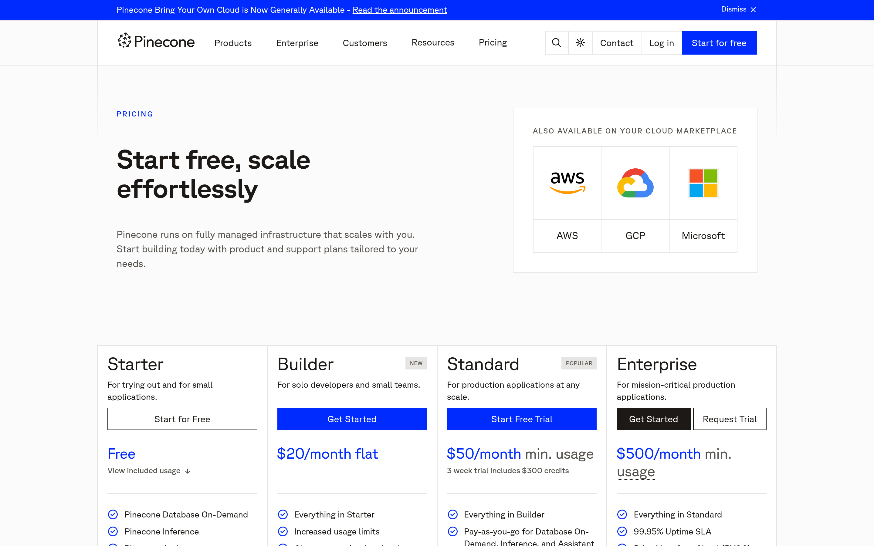 Screenshot of Pinecone vector database pricing page showing plan tiers