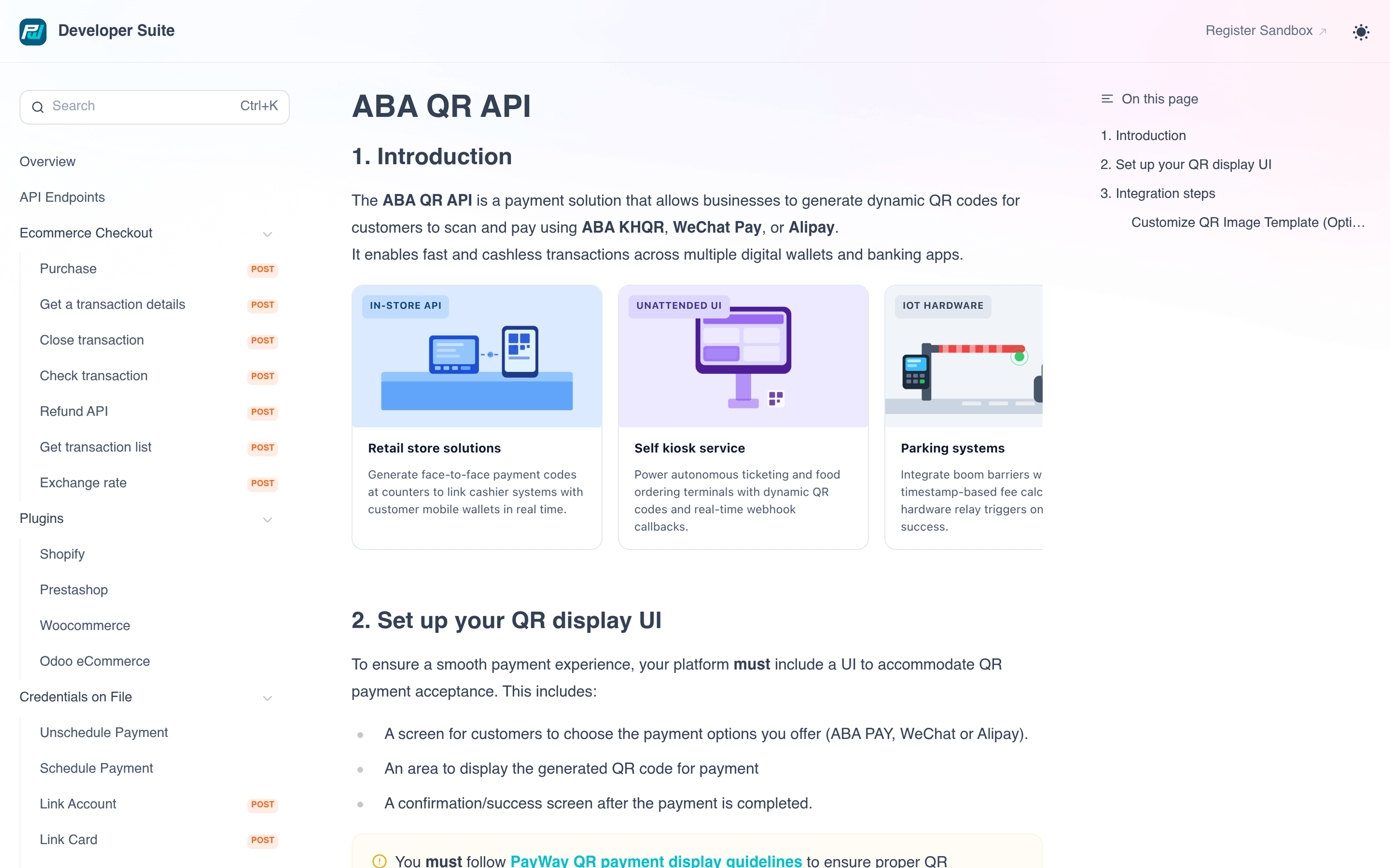 ABA PayWay developer documentation page for the QR API