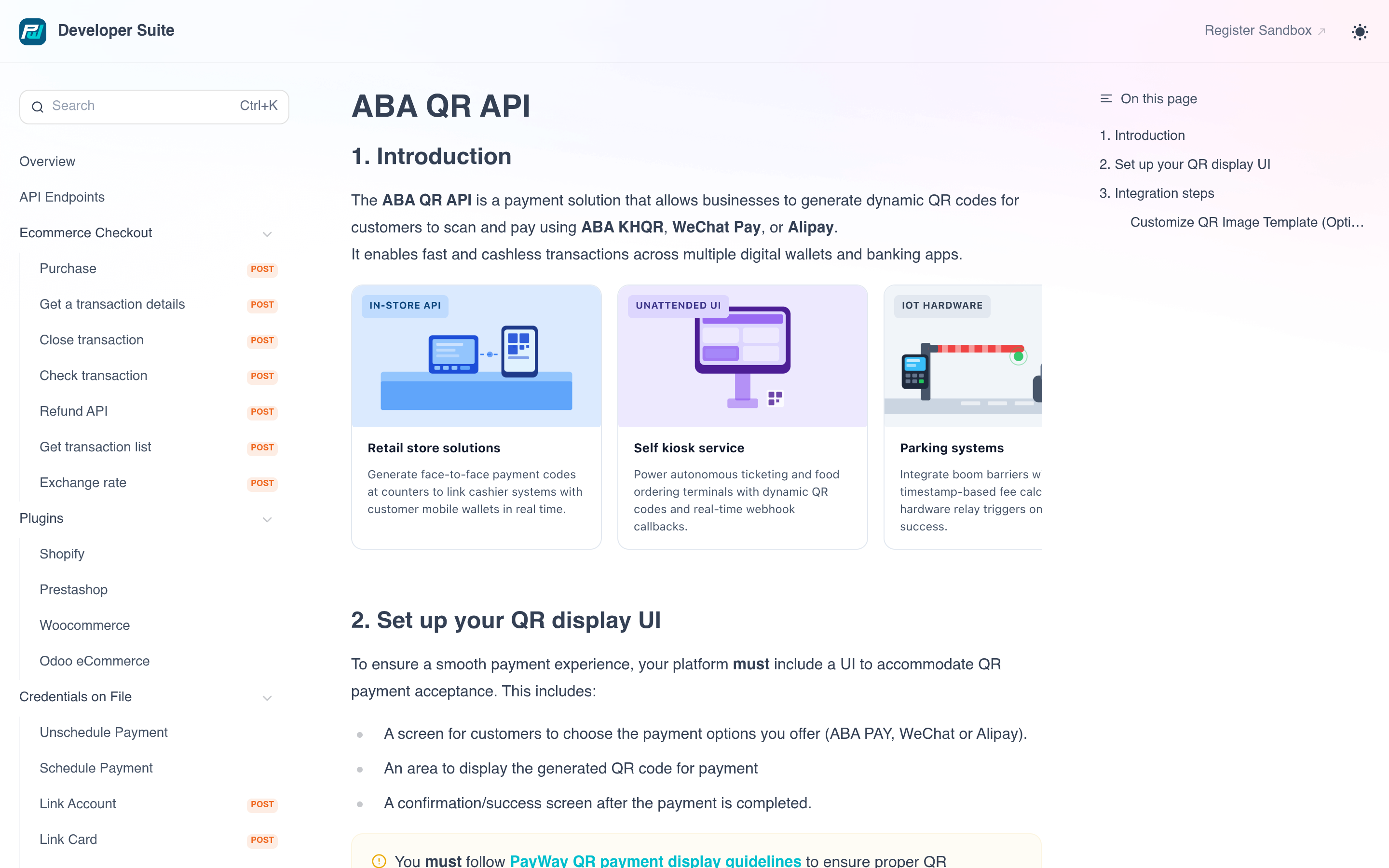 ABA PayWay developer documentation page for the QR API