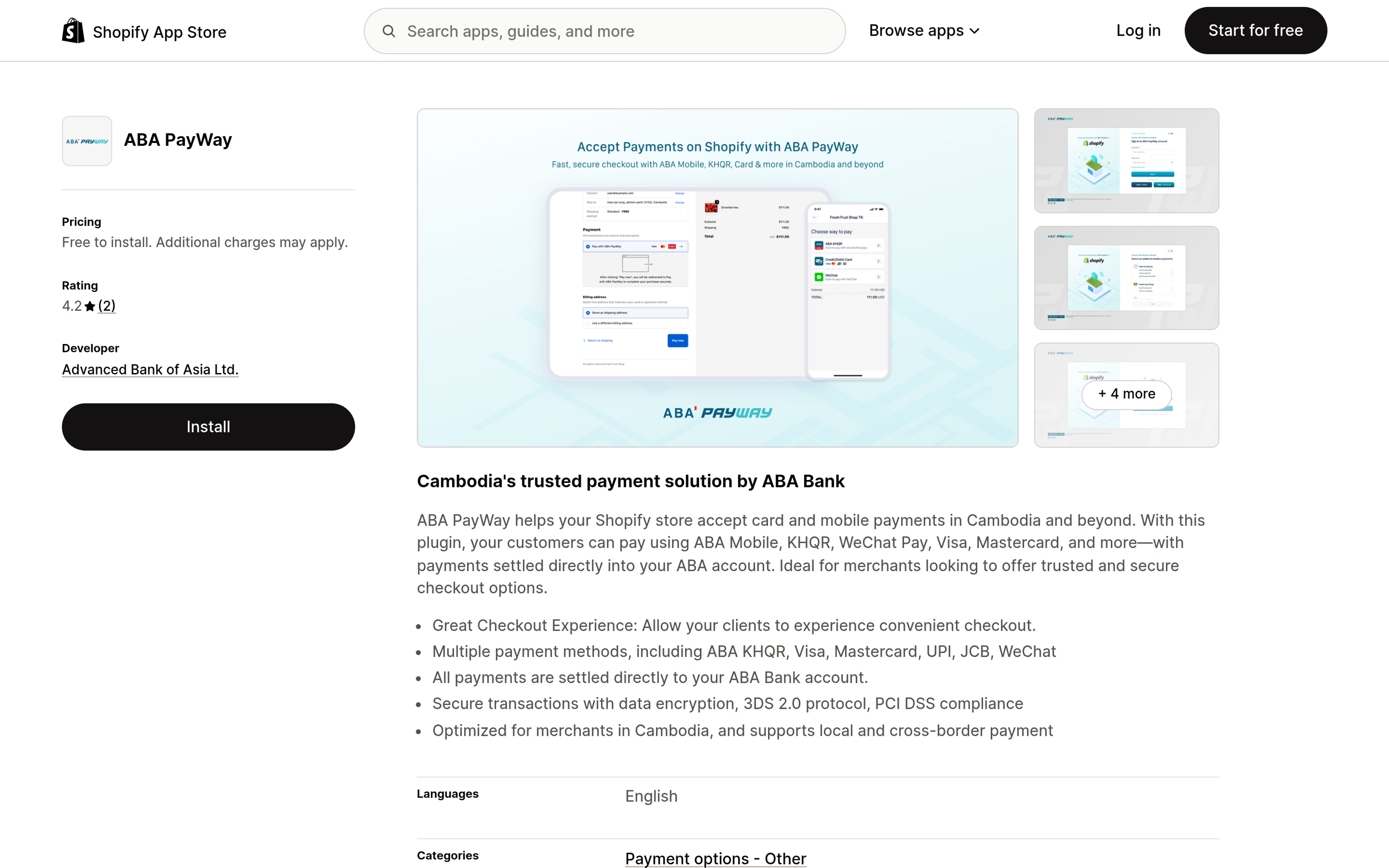 ABA PayWay app listing page on the Shopify App Store