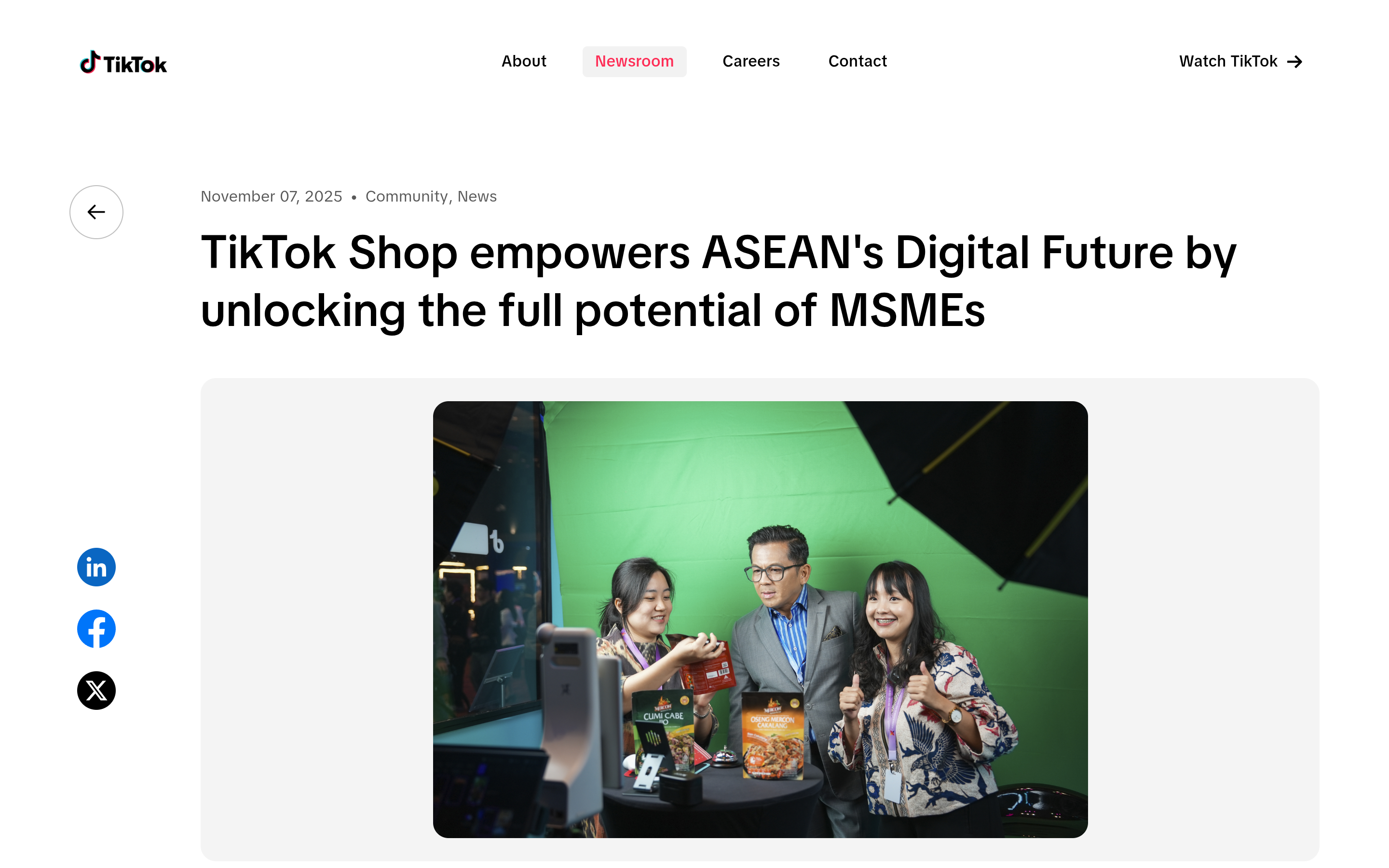 TikTok Newsroom page announcing the ASEAN SOAR Together programme for small sellers