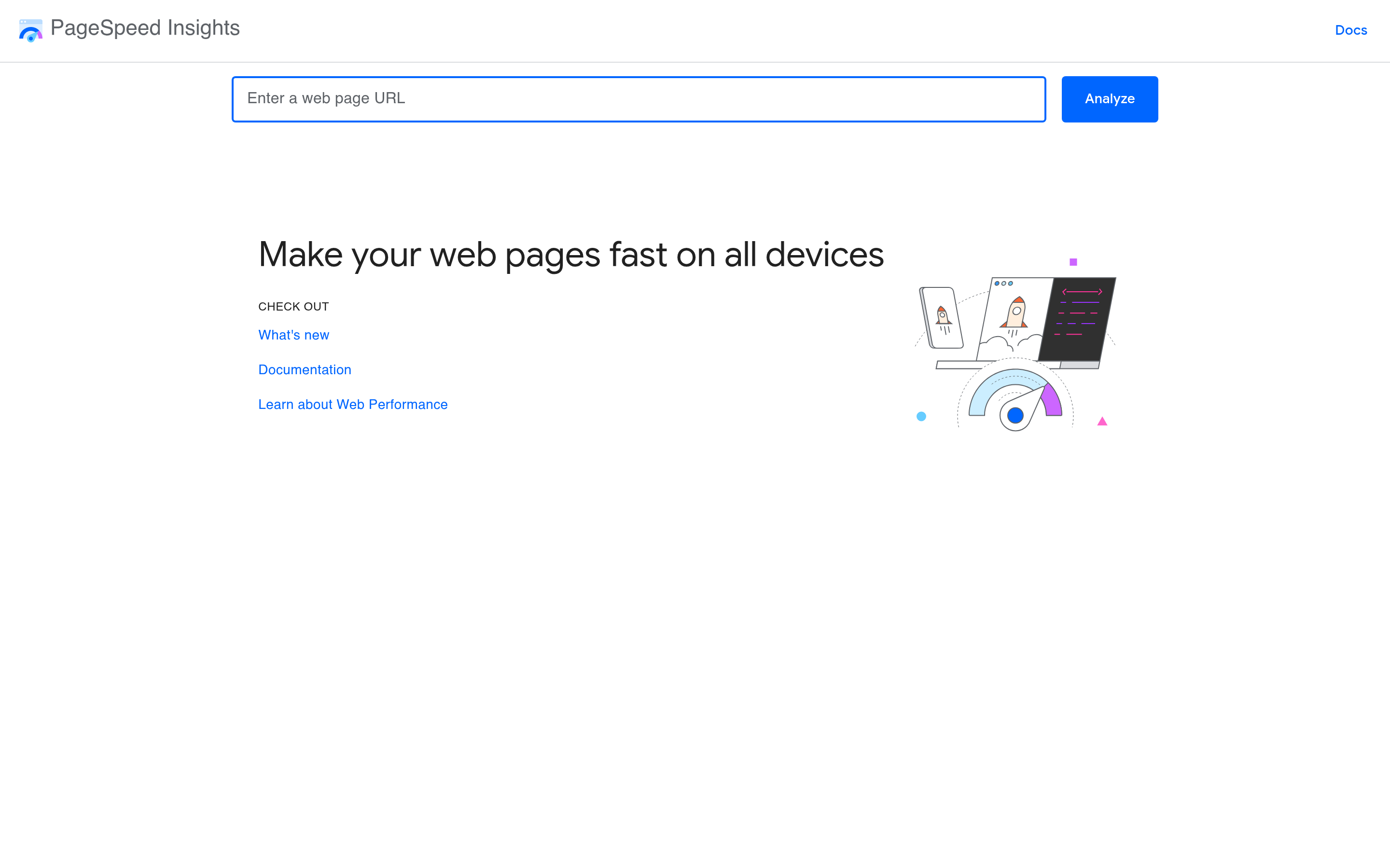 Screenshot of the Google PageSpeed Insights homepage with the URL input field and Analyze button