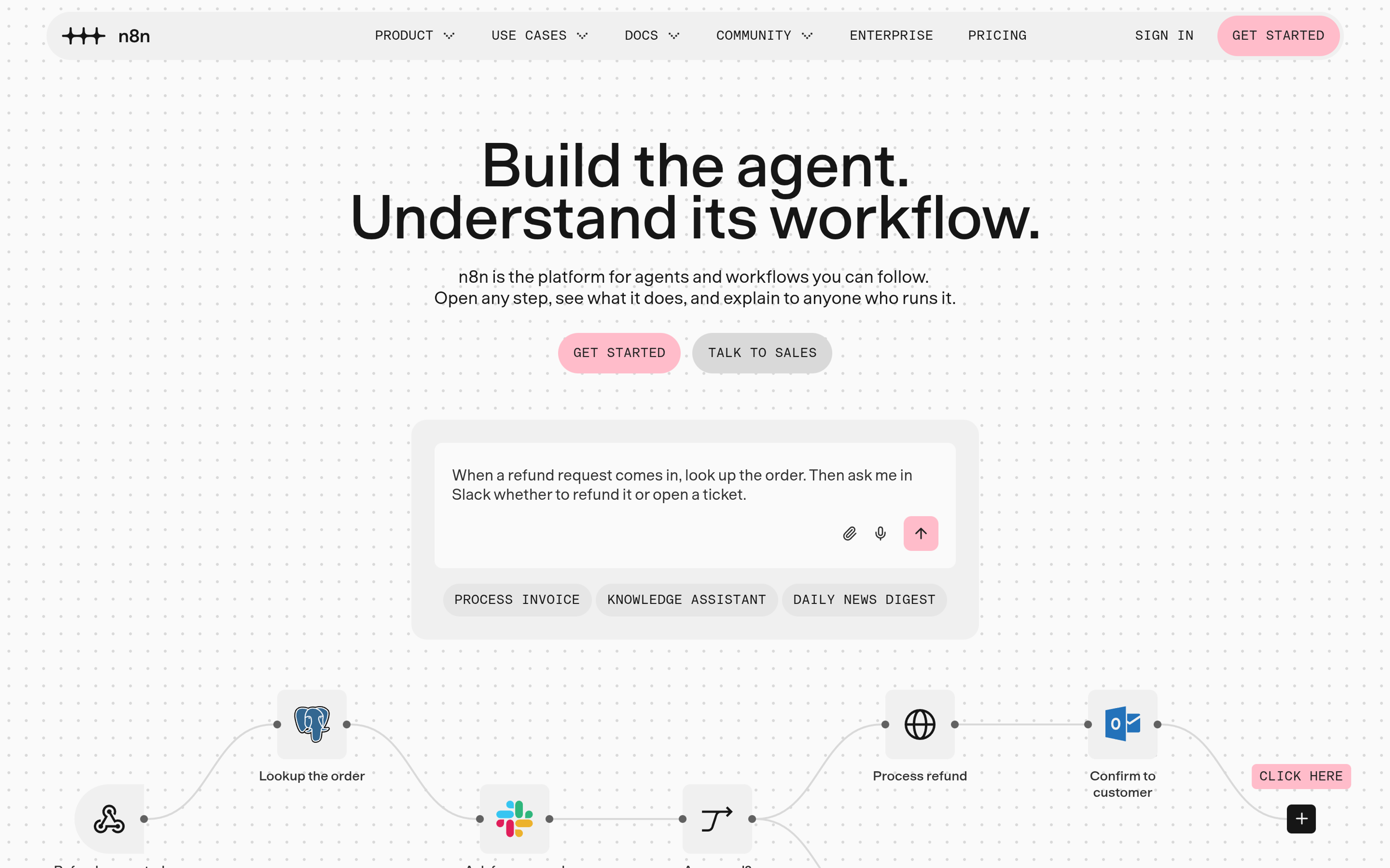 n8n workflow editor homepage showing a visual automation canvas