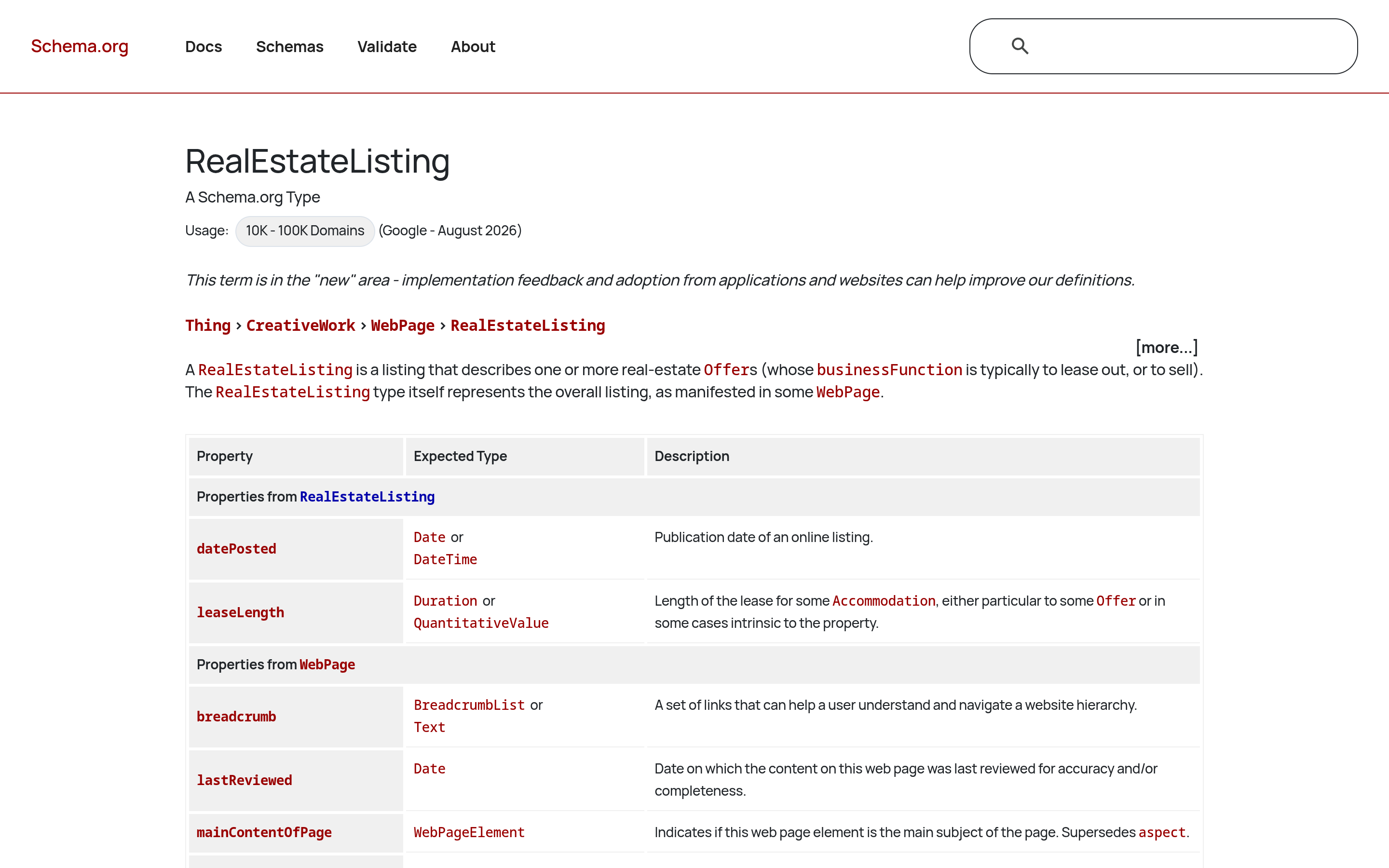 Schema.org documentation page for the RealEstateListing structured data type