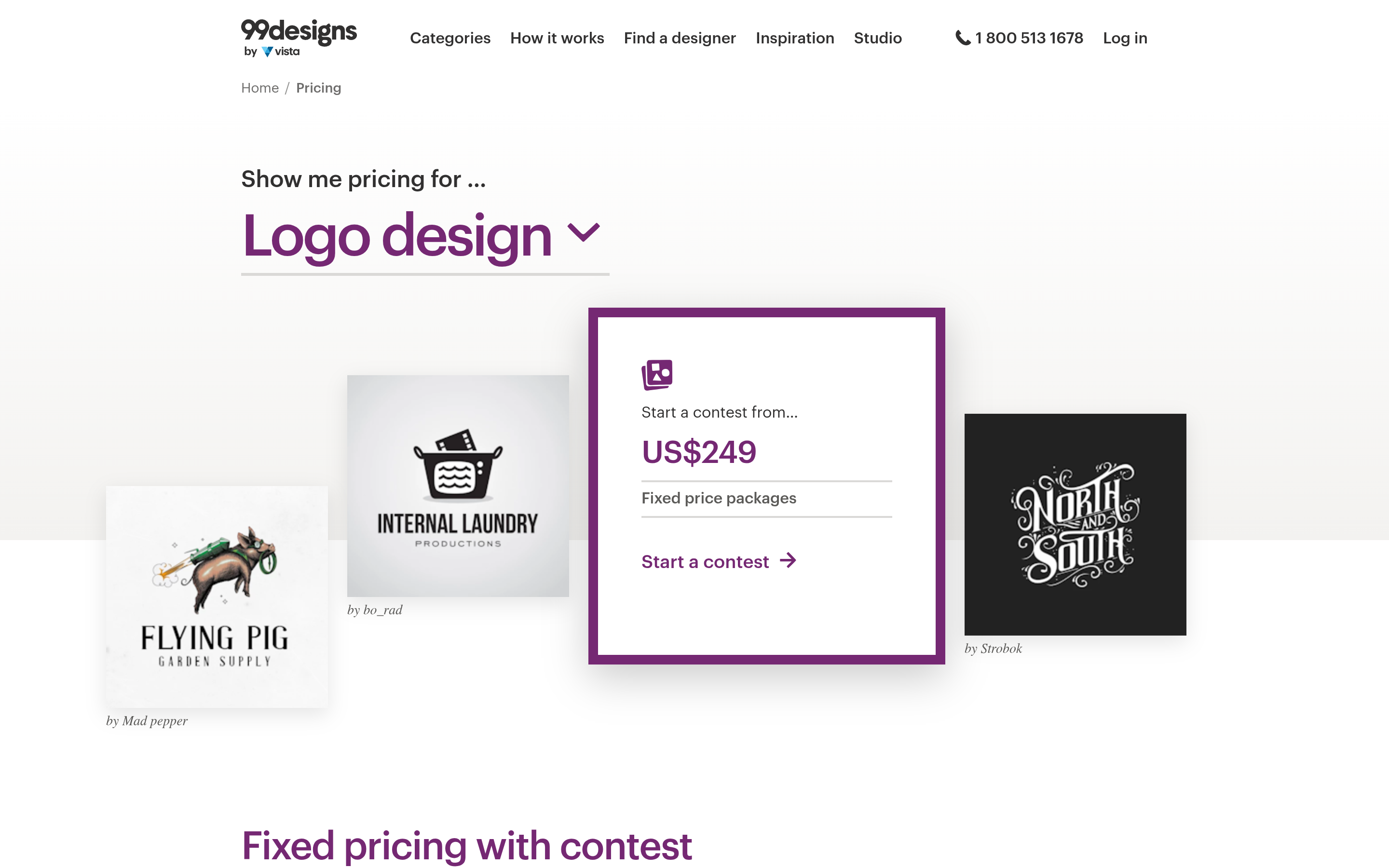 Screenshot of the 99designs pricing page listing Bronze, Silver, Gold and Platinum logo contest packages