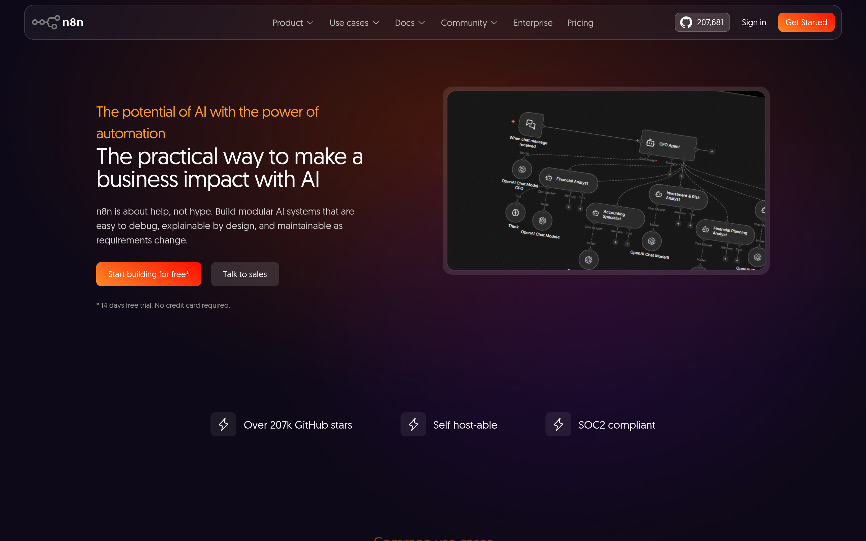 n8n's official AI agent page describing guardrails and human approval steps