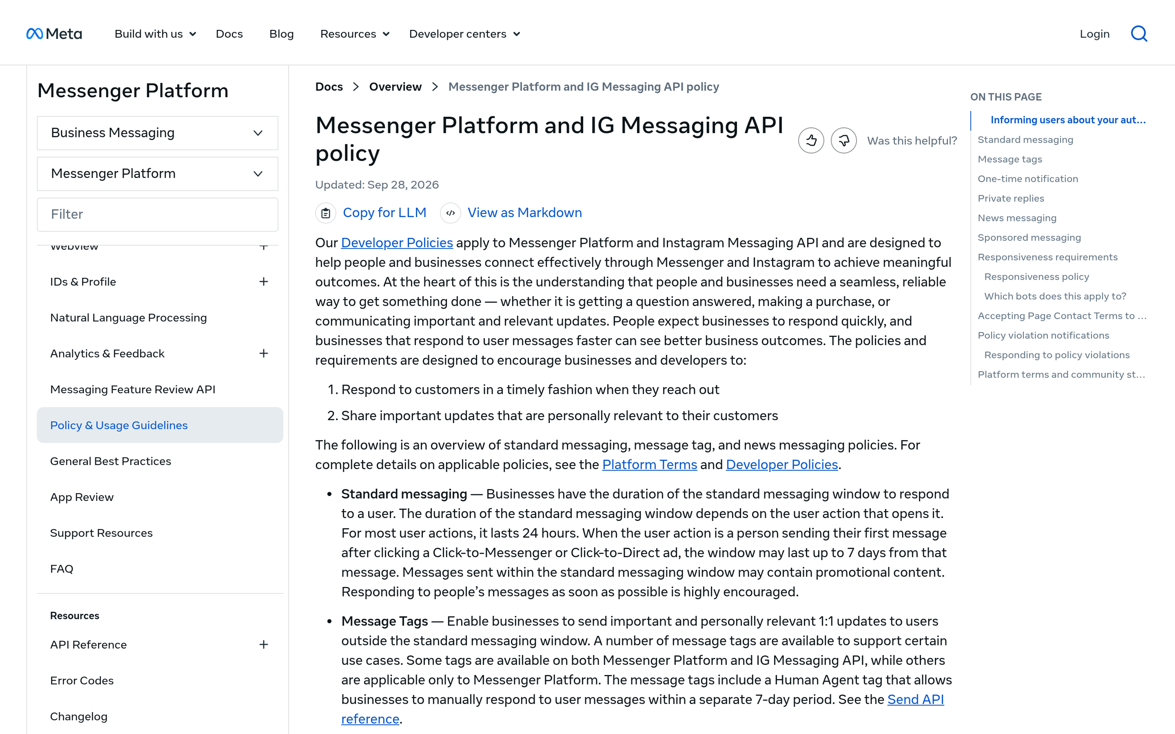 Meta Messenger Platform policy documentation page on developers.facebook.com